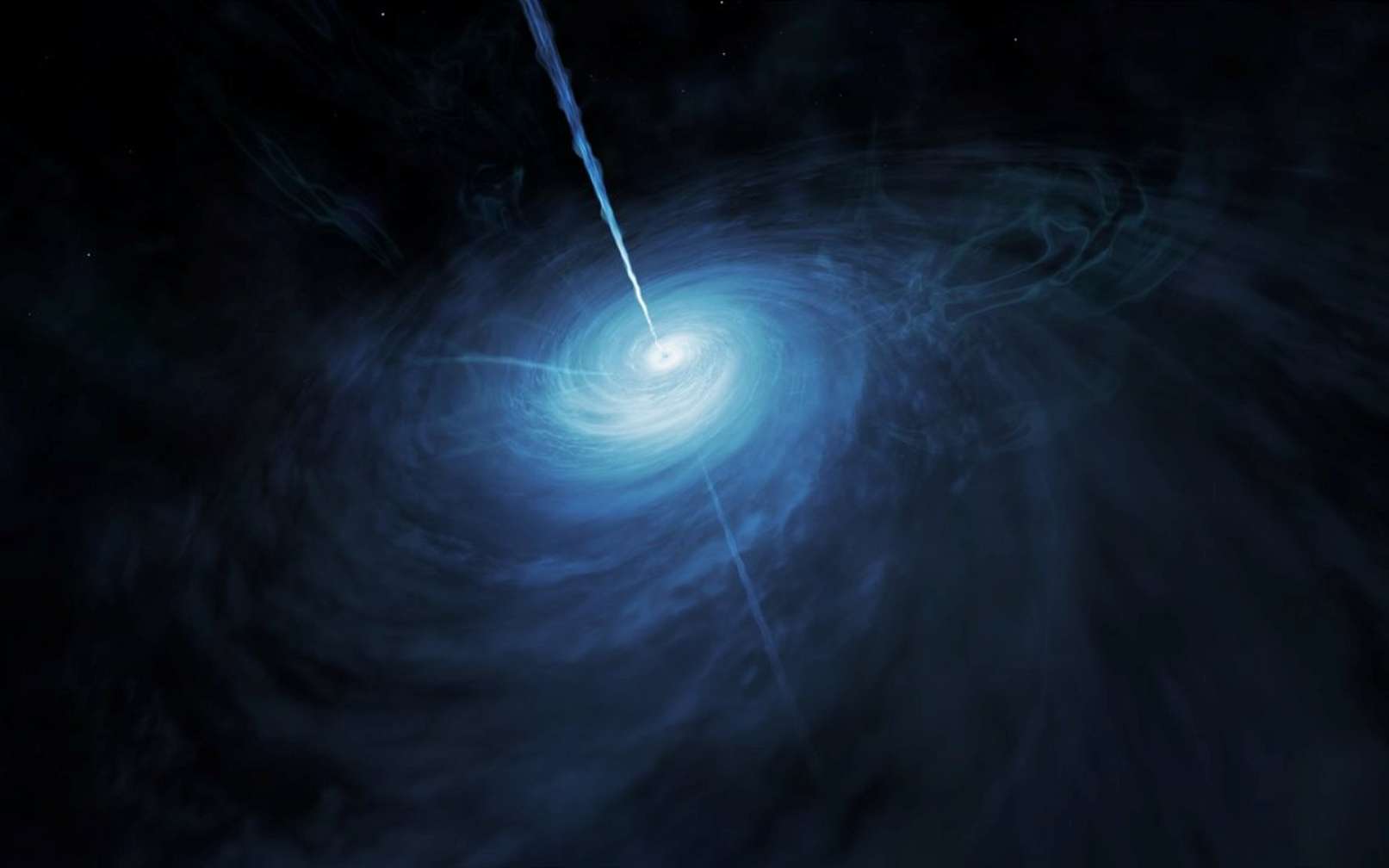 Une vue d'artiste de l'accrétion de la matière sous forme de gaz autour d'un trou noir supermassif de Kerr en rotation. © Nasa, M. Kornmesser