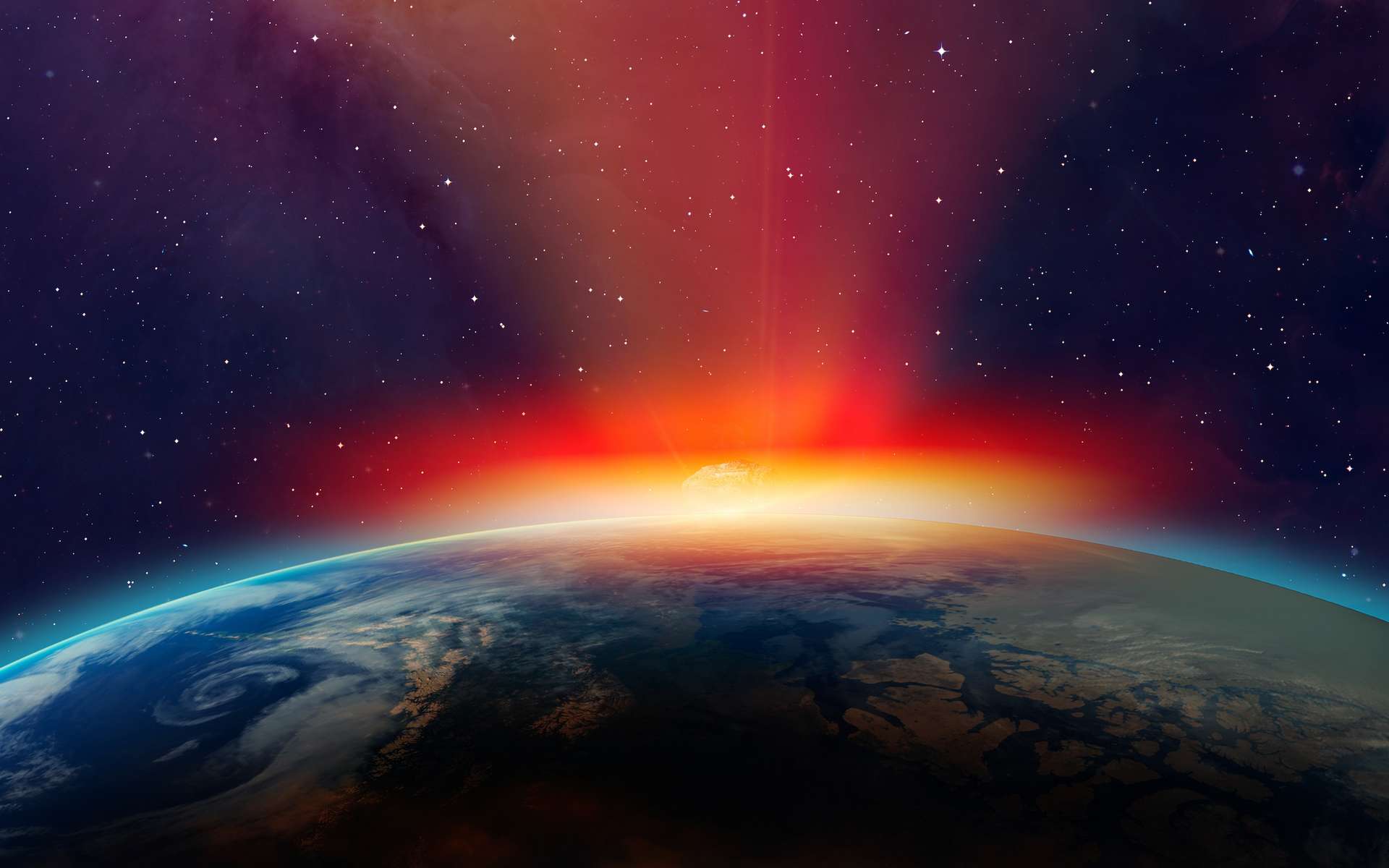 La Terre frappée par un impact géant (illustration). © muratart, Adobe Stock