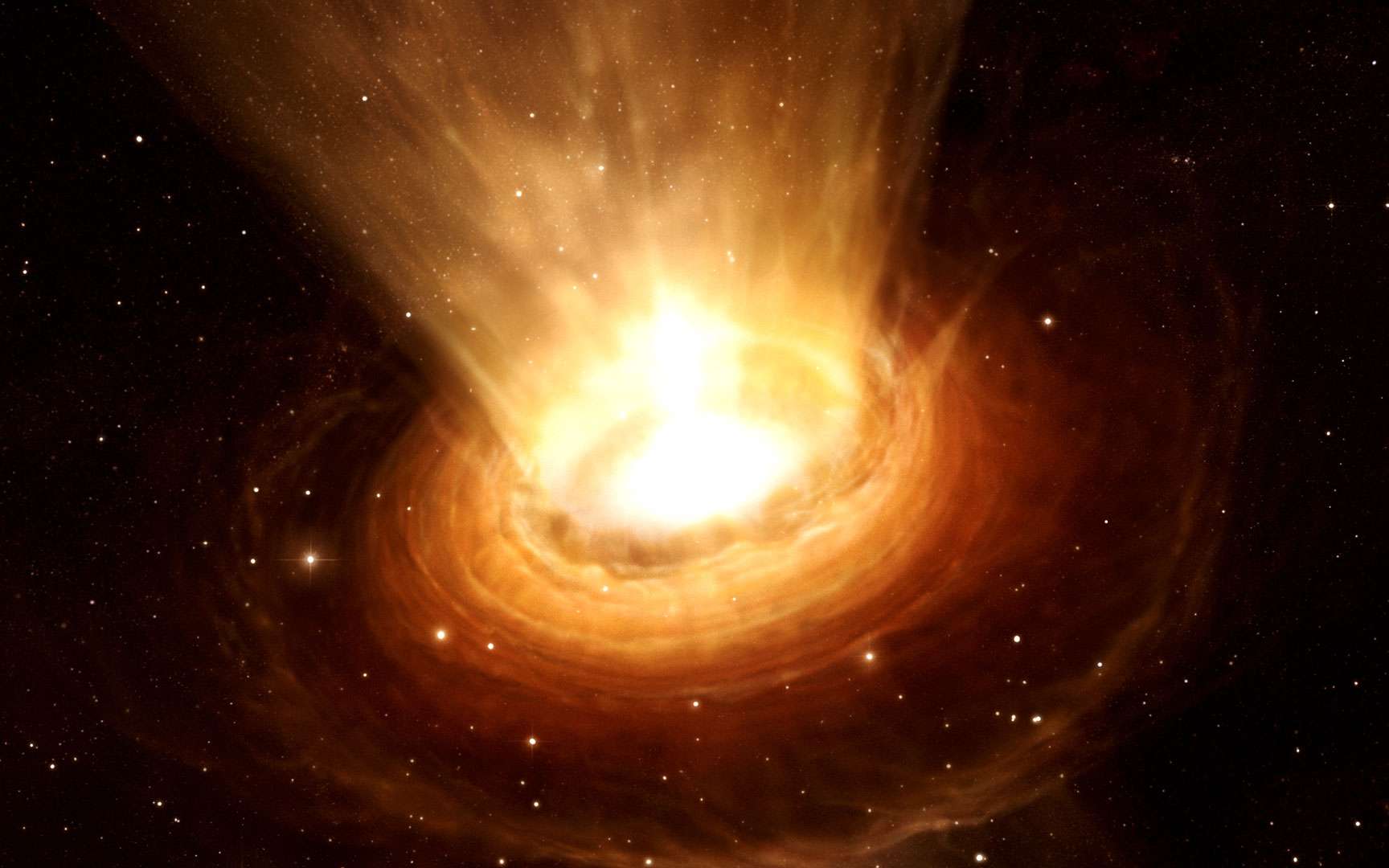 Éruption d'un trou noir supermassif. Vue d'artiste de l'éruption d'un trou noir supermassif; gaz et poussières sont représentés en marron ; ils sont attirés par l'énorme gravité du trou noir niché au centre d'une galaxie elliptique.