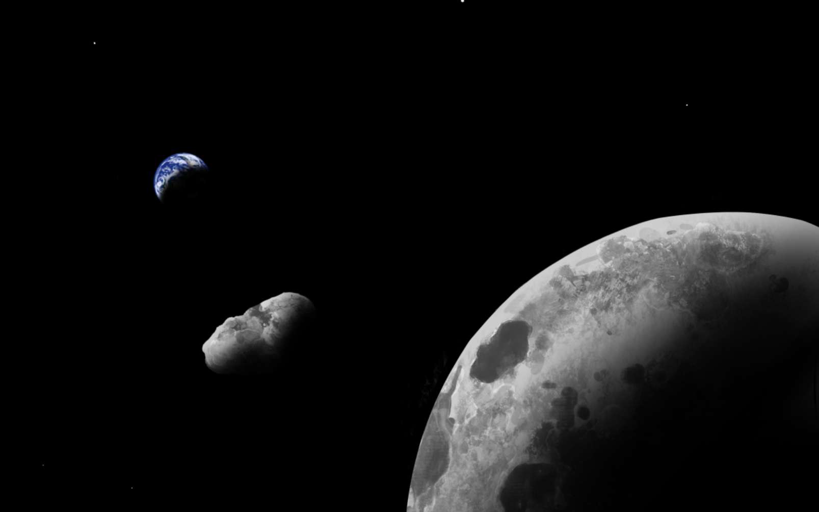 Vue d'artiste du quasi-satellite terrestre Kamoʻoalewa près du système Terre-Lune. À l'aide du grand télescope binoculaire, les astronomes ont montré qu'il pourrait s'agir d'un fragment perdu de la Lune. © Addy Graham, University of Arizona