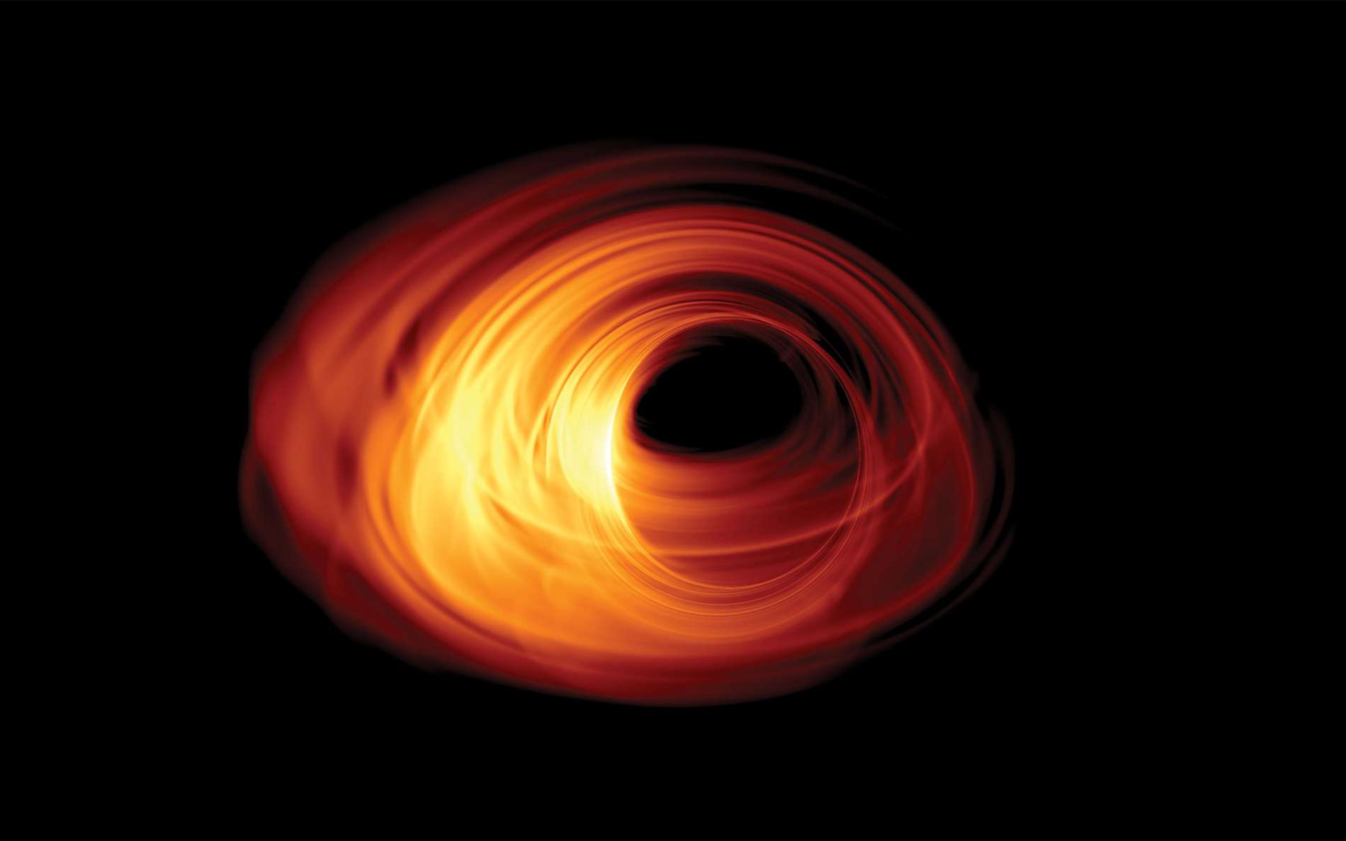 Illustration artistique, dans les ondes radio millimétriques, de l'horizon du trou noir au centre de notre galaxie, la Voie lactée. © M. Moscibrodzka, T. Bronzwaar et H. Falcke, Radboud University