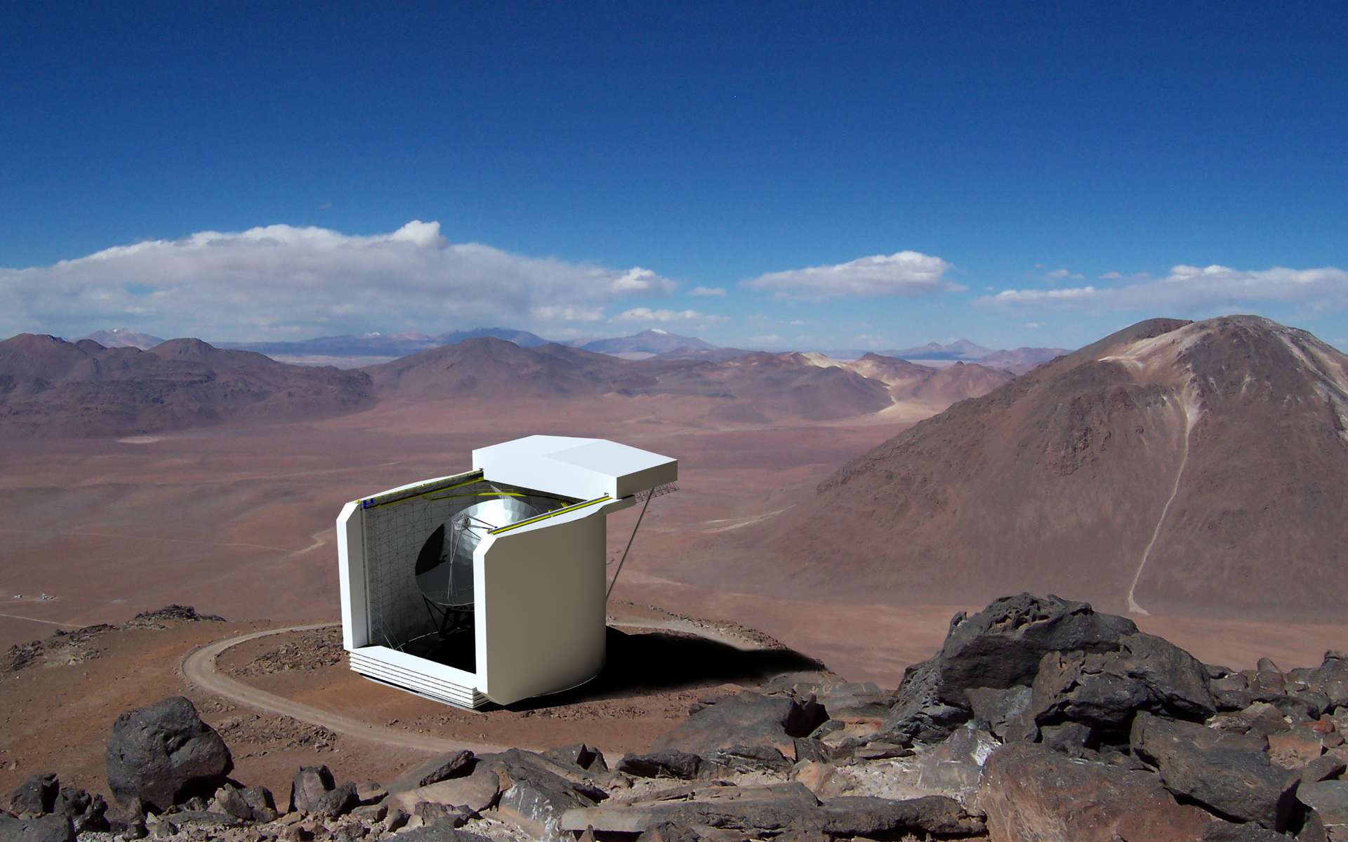 Vue conceptuelle du Cerro Chajnantor Atacama Telescope-prime (CCAT-p). Sa mise en service est prévue au début de la décennie prochaine. © Consortium CCAT-P