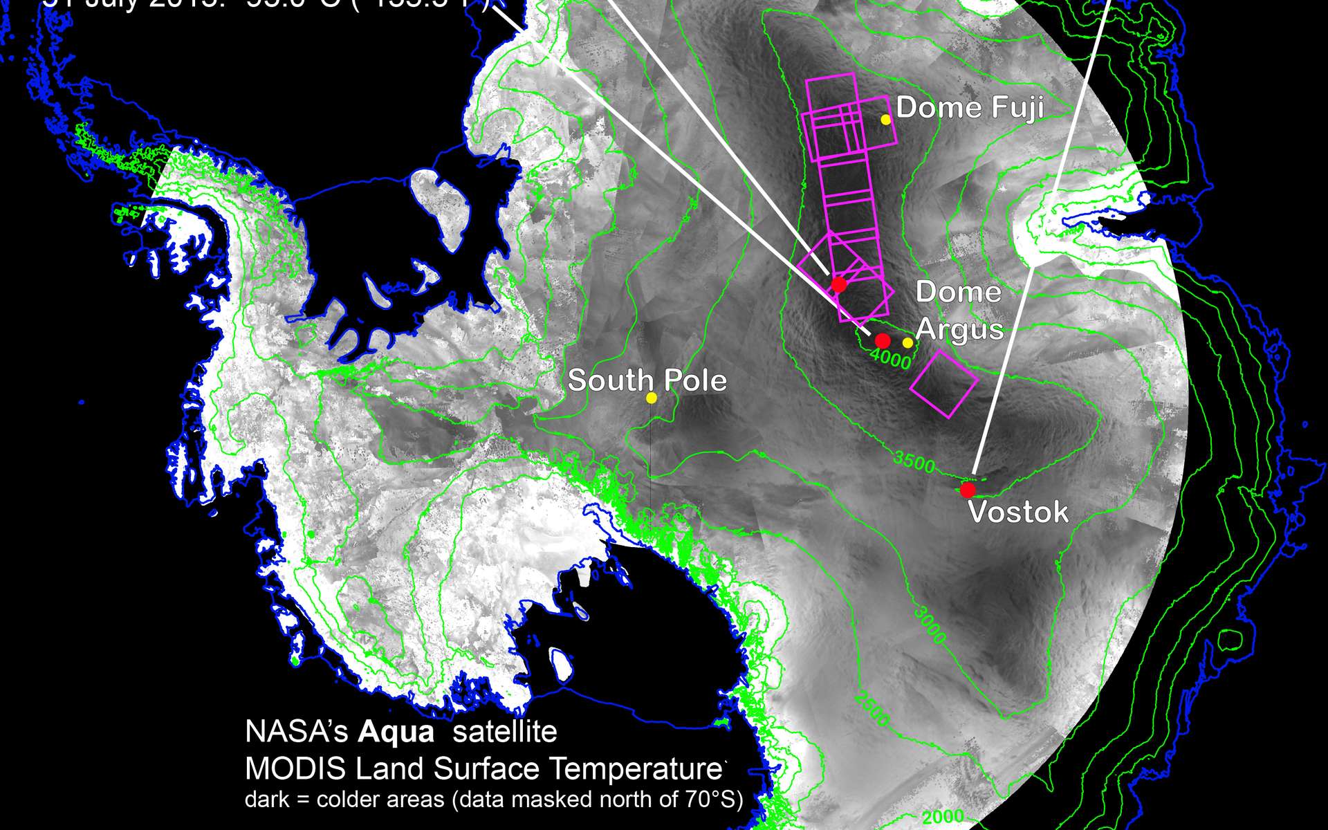 À partir des satellites Aqua, Terra et Landsat 8 (lancé en février 2011), l'équipe du chercheur Ted Scambos identifie le site le plus froid du monde juste au pied de la crête qui lie le mont Fuji au mont Argus. © Ted Scambos, National Snow and Ice Data Center