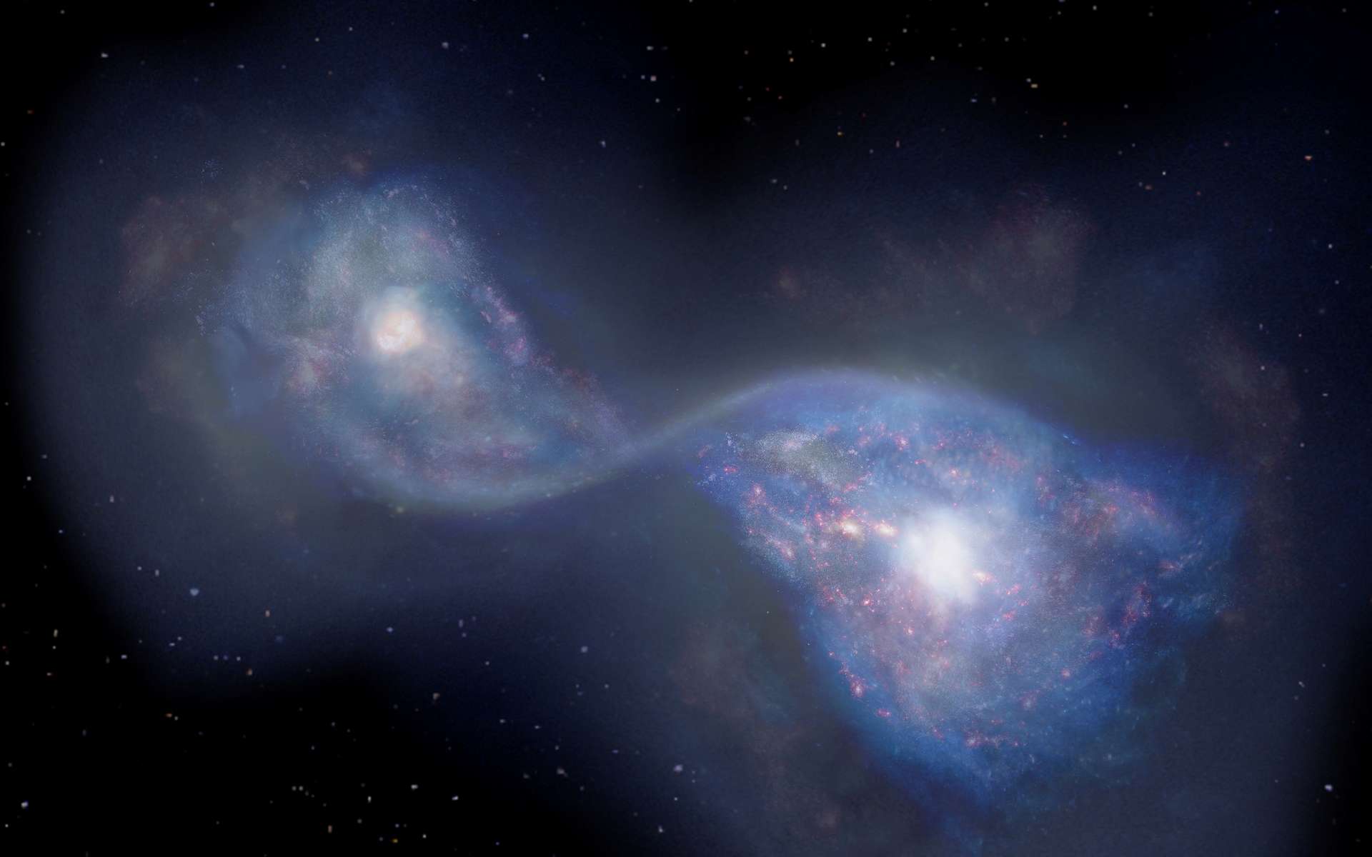 Vue d’artiste de la fusion des galaxies B14-65666 située à 13 milliards d’années-lumière de la Voie lactée. © Observatoire astronomique national du Japon.