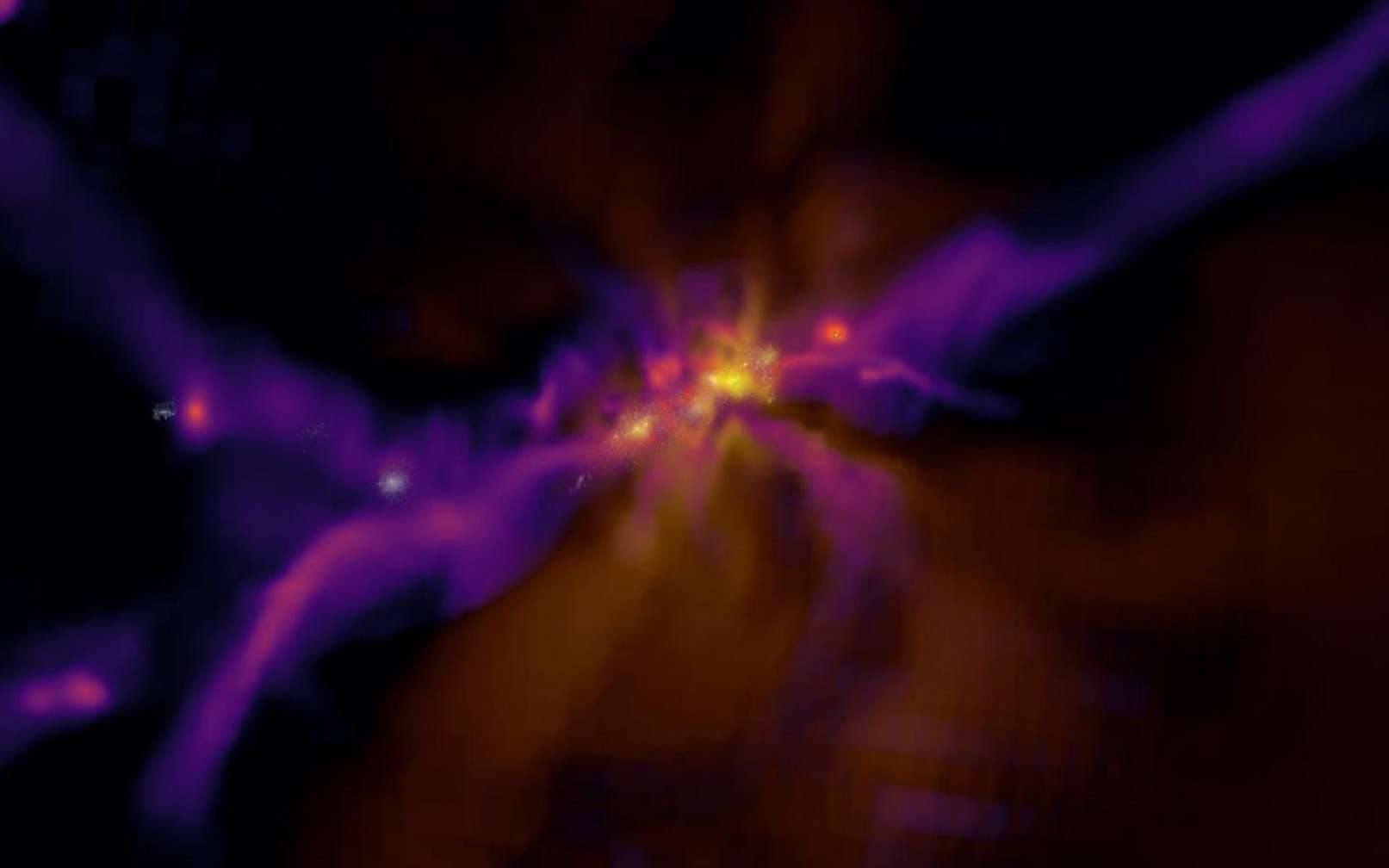 Une image extraite d'une simulation de la formation des premières étoiles et galaxies au moment de l'Aube cosmique. © Dr Harley Katz, Beecroft Fellow, Department of Physics, University of Oxford