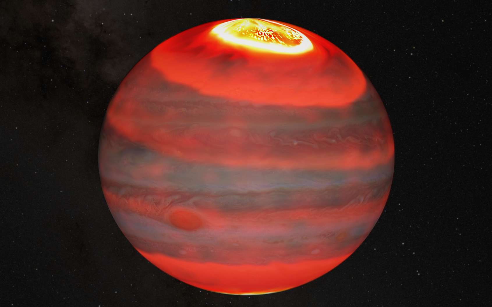 Une vue d'artiste des ondes de chaleurs issues des pôles de Jupiter en direction de son équateur. © J. O'Donoghue (Jaxa)/Hubble/Nasa/ESA/A. Simon/J. Schmidt