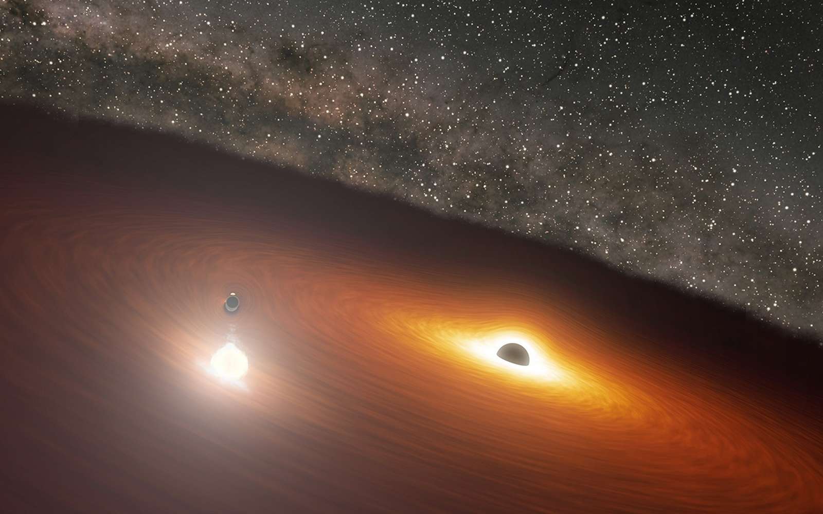 Cette image d'artiste montre deux trous noirs supermassifs dans la galaxie possédant le quasar nommé OJ 287. Le plus petit trou noir tourne autour du plus grand, qui est également entouré d'un disque de gaz. Lorsque le plus petit trou noir traverse le disque, il produit un flash de lumière dont la luminosité est supérieure à 1 milliard d'étoiles. © Nasa/JPL-Caltech