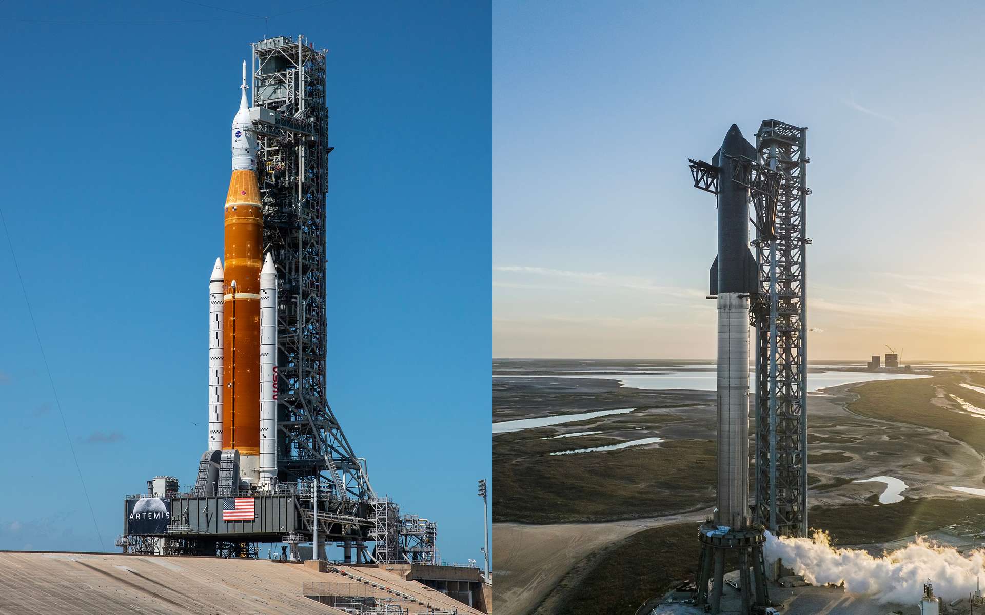 À gauche, le SLS de la Nasa, construit par Boeing et, à droite, le Starship de SpaceX. © Nasa, SpaceX