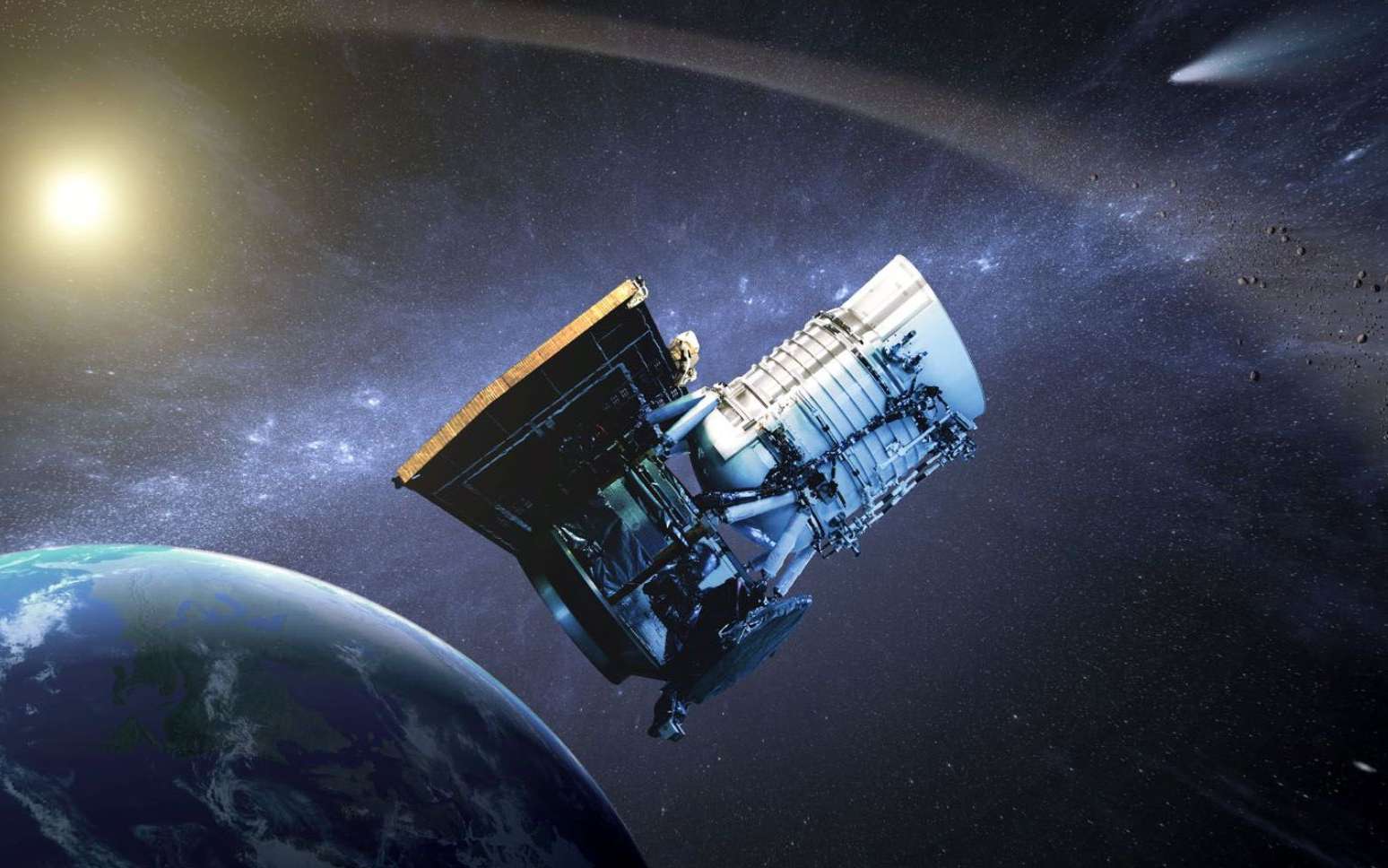 Wise (Wide-field infrared survey explorer, en français « Explorateur à grand champ pour l'étude dans l'infrarouge ») est un télescope spatial américain dont la mission consiste à réaliser une cartographie complète des sources infrarouges afin de repérer en particulier les astéroïdes comme les géocroiseurs, les étoiles peu visibles proches du Soleil et les étoiles de notre Galaxie masquées en lumière visible derrière des nuages interstellaires comme c'est le cas avec certains amas ouverts d'étoiles. © Nasa, JPL-Caltech
