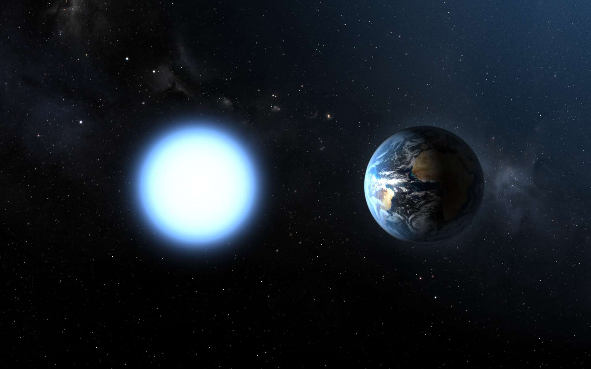 La naine blanche Sirius B a une masse qui correspond à 98 % de celle de notre propre Soleil. Malgré cette masse importante, Sirius B n'a que 12.000 kilomètres de diamètre, ce qui le rend même plus petit que la Terre et beaucoup plus dense. Le puissant champ gravitationnel de Sirius B est 350.000 fois supérieur à celui de la Terre, ce qui signifie qu'une personne de 68 kilogrammes pèserait 25 millions de kilogrammes debout à sa surface. © ESA, Nasa