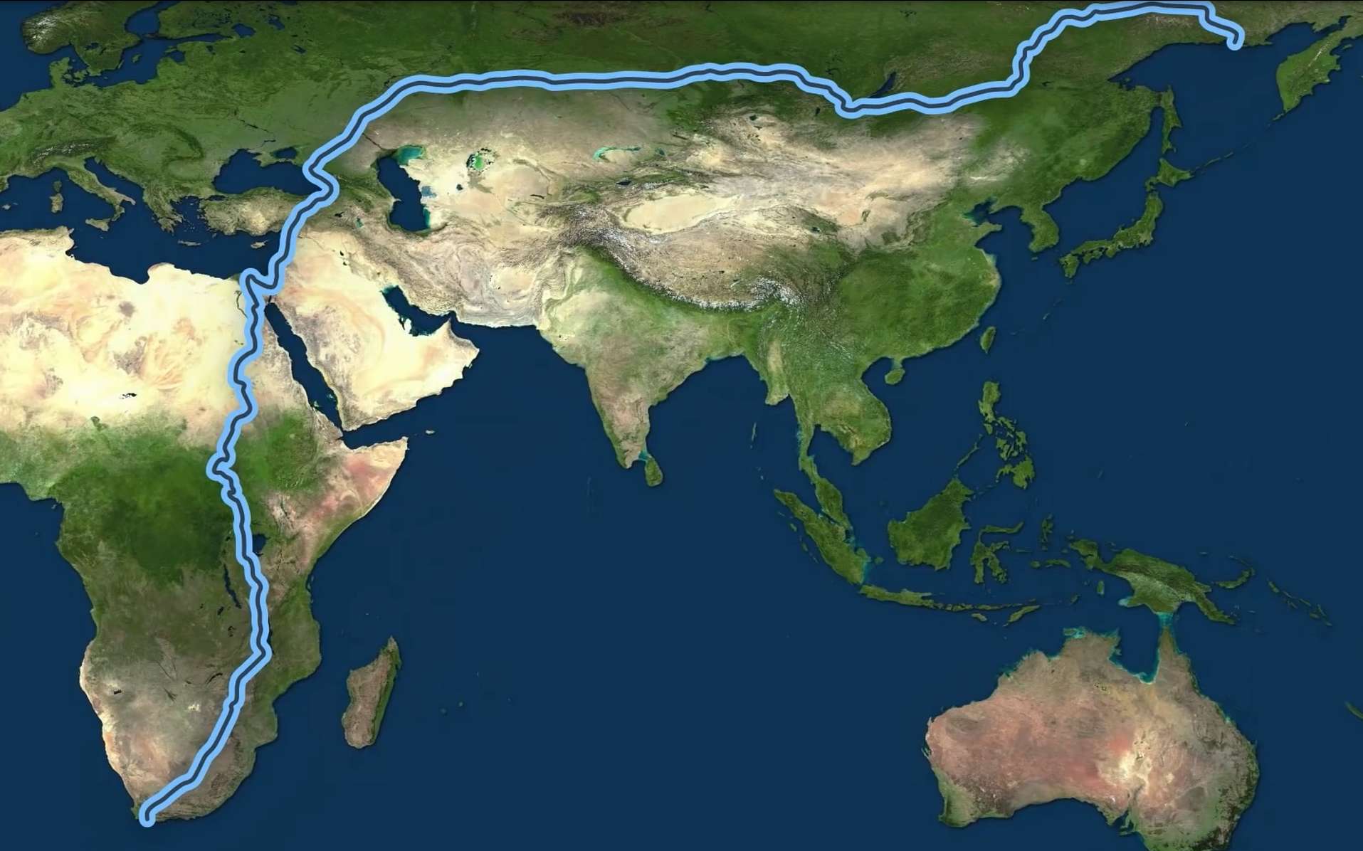 La plus longue distance à pied sur Terre relie L’Agulhas en Afrique du Sud à Magadan en Russie. © RealLifeLore, YouTube