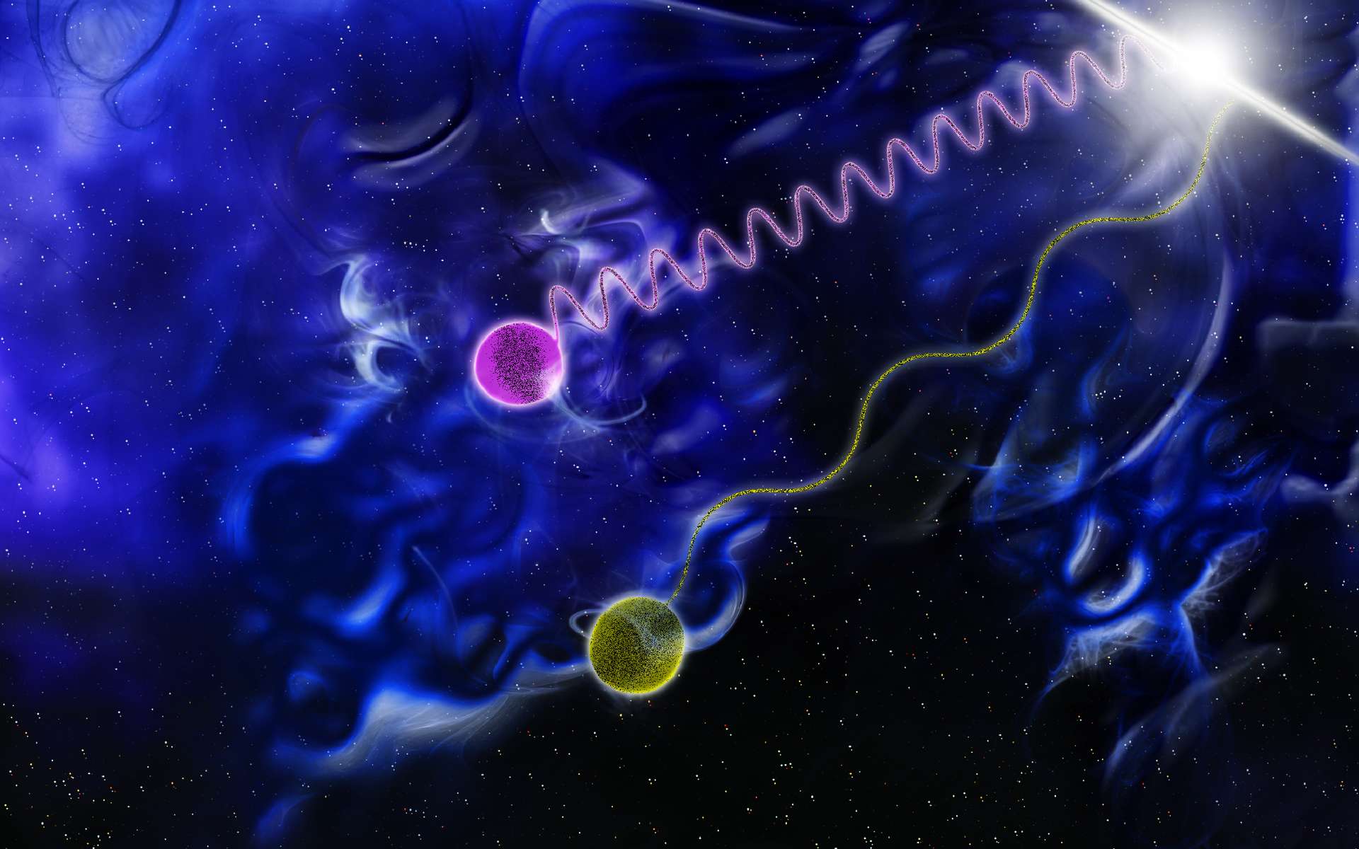 Une vue d’artiste de photons en déplacement dans l’espace. Le photon violet est plus énergétique donc sa longueur d’onde est plus courte que celle du photon jaune. © Nasa, Sonoma State University, Cruz deWilde, Aurore Simonnet