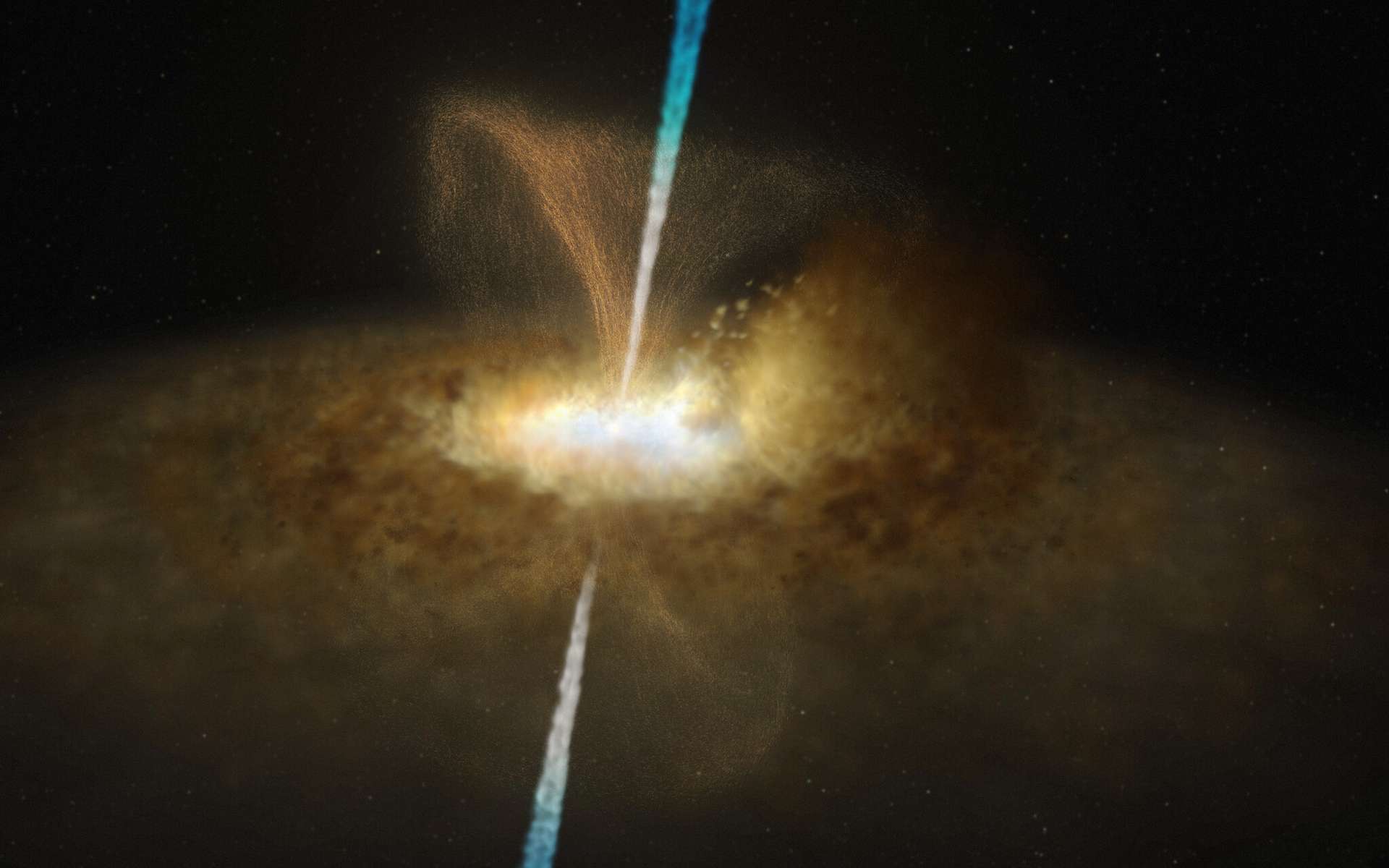 Cette illustration offre un aperçu réaliste du noyau de Messier 77. À l’instar des autres noyaux actifs de galaxie, les régions centrales de Messier 77 sont alimentées par un trou noir entouré d’un mince disque d’accrétion, en périphérie duquel se trouve un volumineux anneau ou tore de gaz et de poussière. Dans le cas de Messier 77, cet anneau dense masque totalement la présence du trou noir supermassif. Ce noyau actif de galaxie présente vraisemblablement des jets, ainsi que des vents de poussière, qui s'échappent de la région située en périphérie du trou noir, perpendiculairement au disque d'accrétion qui l'entoure. © ESO, M. Kornmesser et L. Calçada