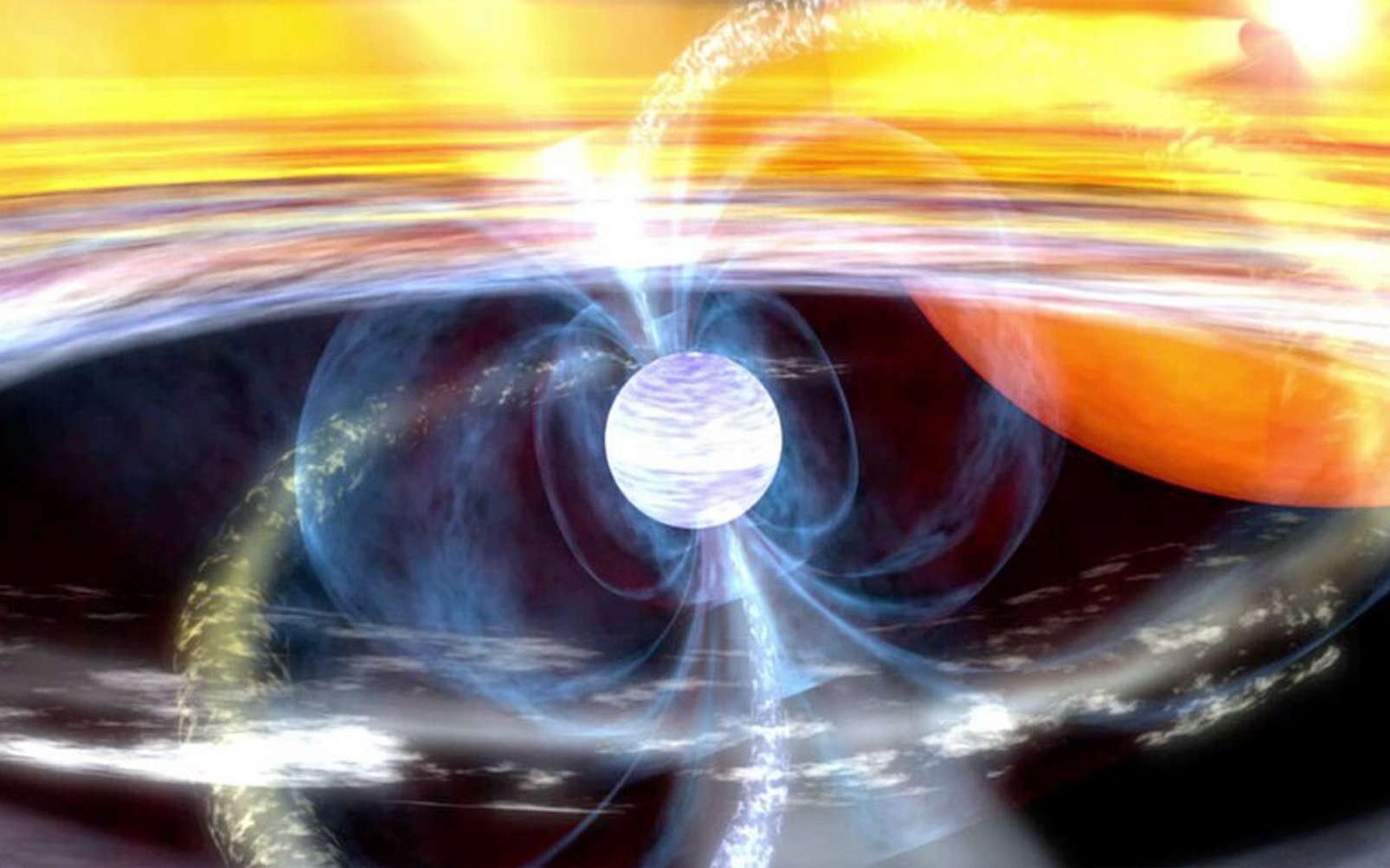 Une vue d'artiste d'un pulsar accrétant de la matière et émettant deux jets de particules. © Nasa, GSFC SVS, Dana Berry