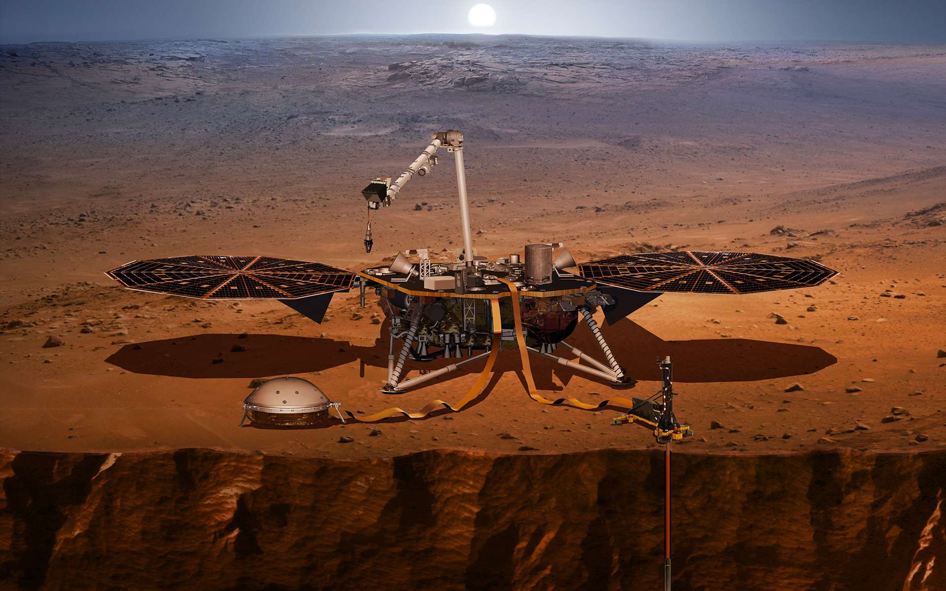 Vue d'artiste de l'atterrisseur InSight sur Mars. © Nasa, JPL