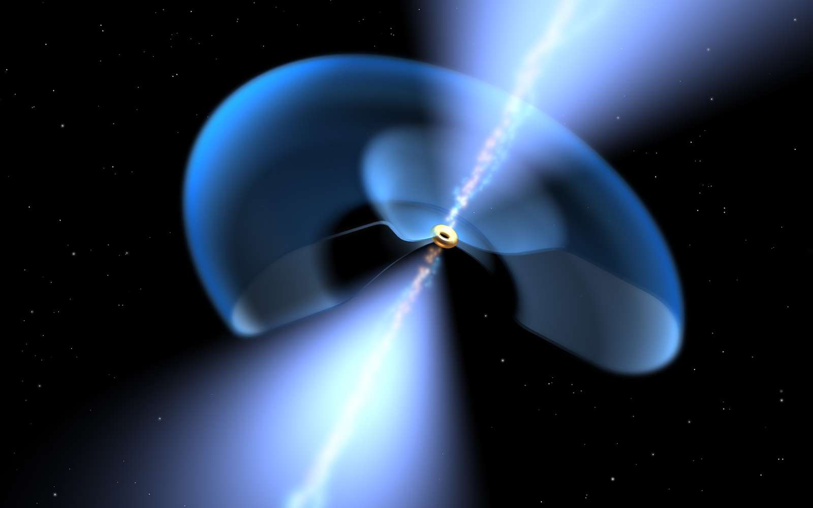 Le centre de ce trou noir supermassif poussiéreux est entouré par un disque d'accrétion (jaune). Le tore de poussières est représenté en bleu. Deux jets émanent des régions intérieures. © Esa Nasa, Projet AVO et Paolo Padovani