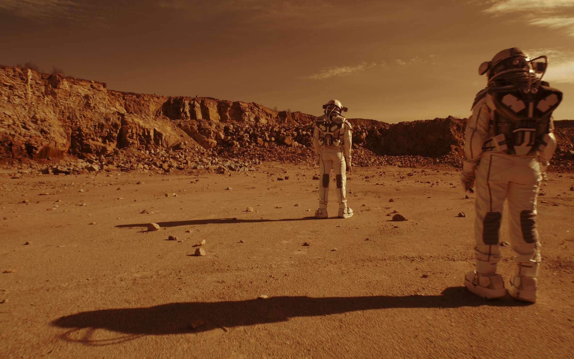 Image retouchée simulant la marche de deux astronautes sur Mars. © Framestock, Adobe Stock