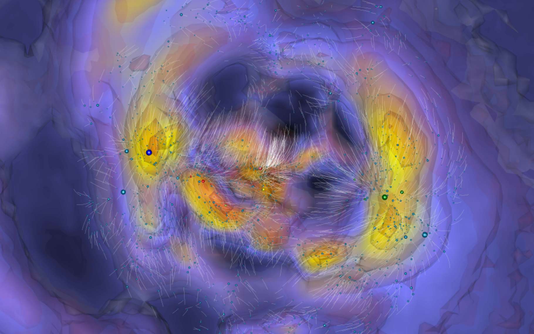 Sur cette tranche de notre Univers local, les orbites que les galaxies ont suivies en blanc et les contours des régions de haute densité dans des tons jaune-orange. La Voie lactée est près du centre. Le noyau du « grand attracteur » du superamas de Laniakea se trouve à gauche, à environ 250 millions d’années-lumière de notre Galaxie et le superamas de Persée-Poissons est à une distance similaire de nous à droite. © Edward Shaya, Université du Maryland