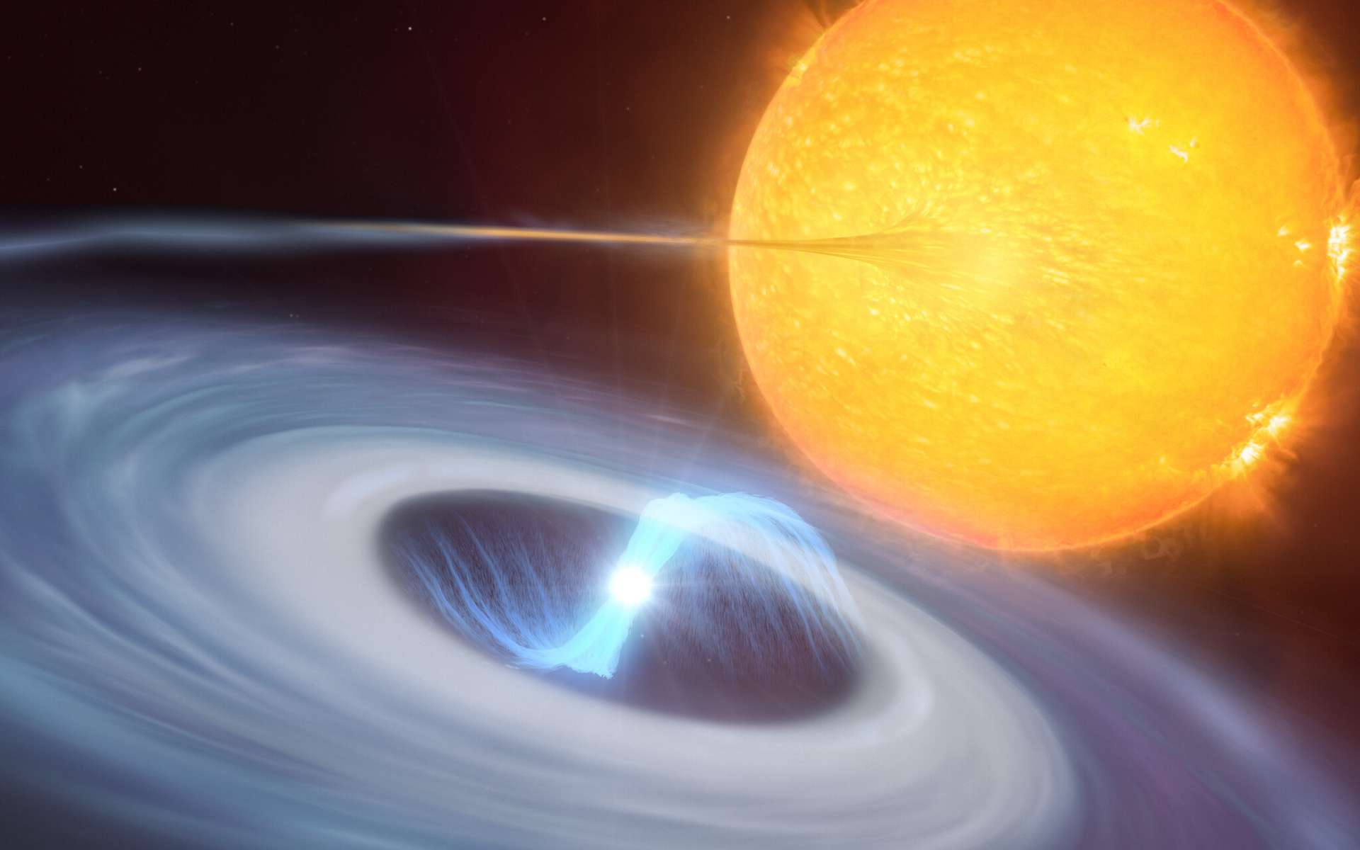 Cette vue d'artiste montre un système à deux étoiles où des micronovae peuvent se produire. Le disque bleu qui tourbillonne autour de la naine blanche brillante au centre de l'image est constitué de matière, principalement de l'hydrogène, volé à son étoile compagnon. Vers le centre du disque, la naine blanche utilise ses puissants champs magnétiques pour canaliser l'hydrogène vers ses pôles. Lorsque la matière tombe sur la surface chaude de l'étoile, elle déclenche une explosion de micronova, contenue par les champs magnétiques à l'un des pôles de la naine blanche. © M. Kornmesser, L. Calçada, ESO