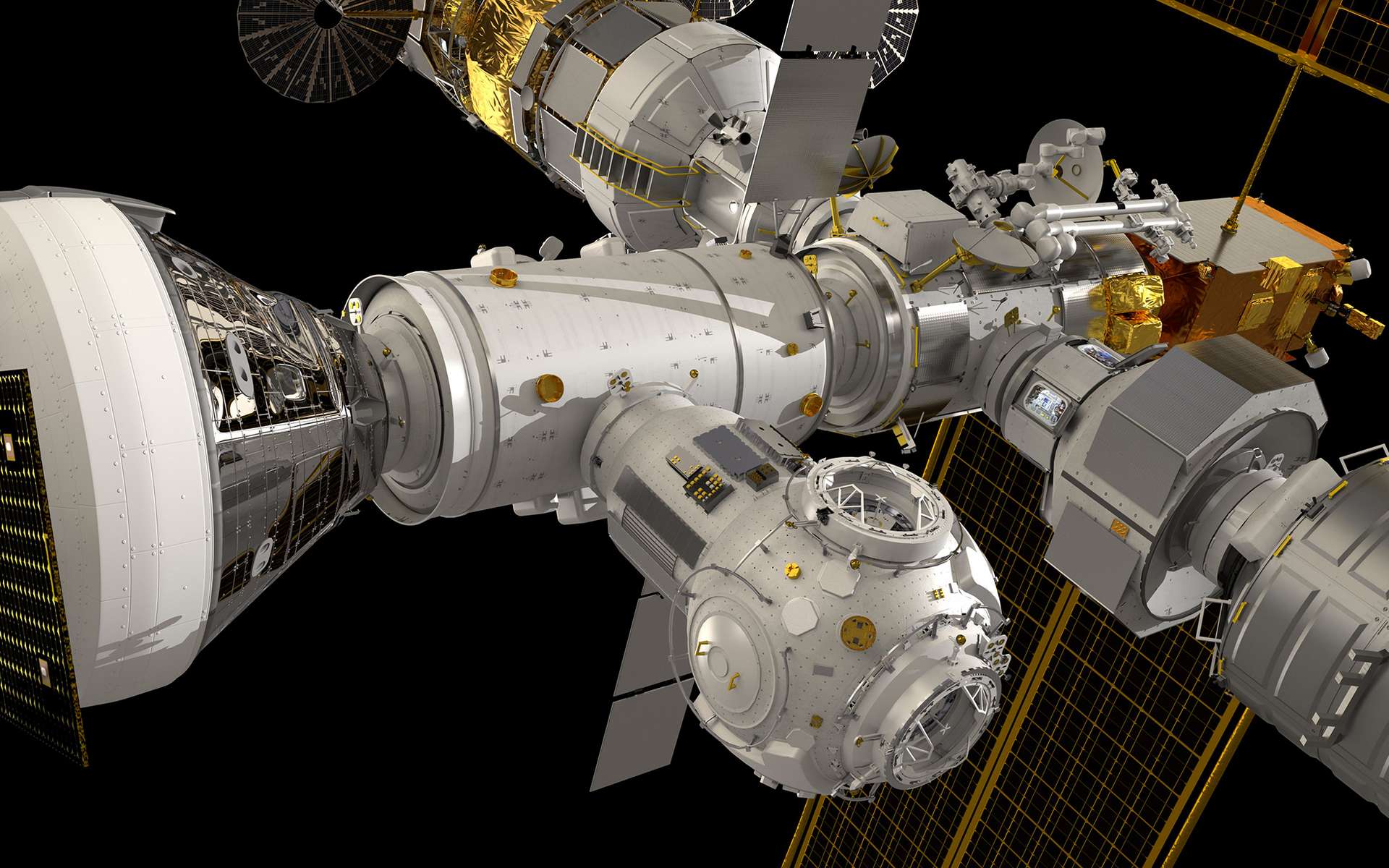 Le Gateway et ses différents modules, dont ceux que réalisera Thales Alenia Space (l'Américain Halo et les Européens Esprit et I-Hab). © ESA