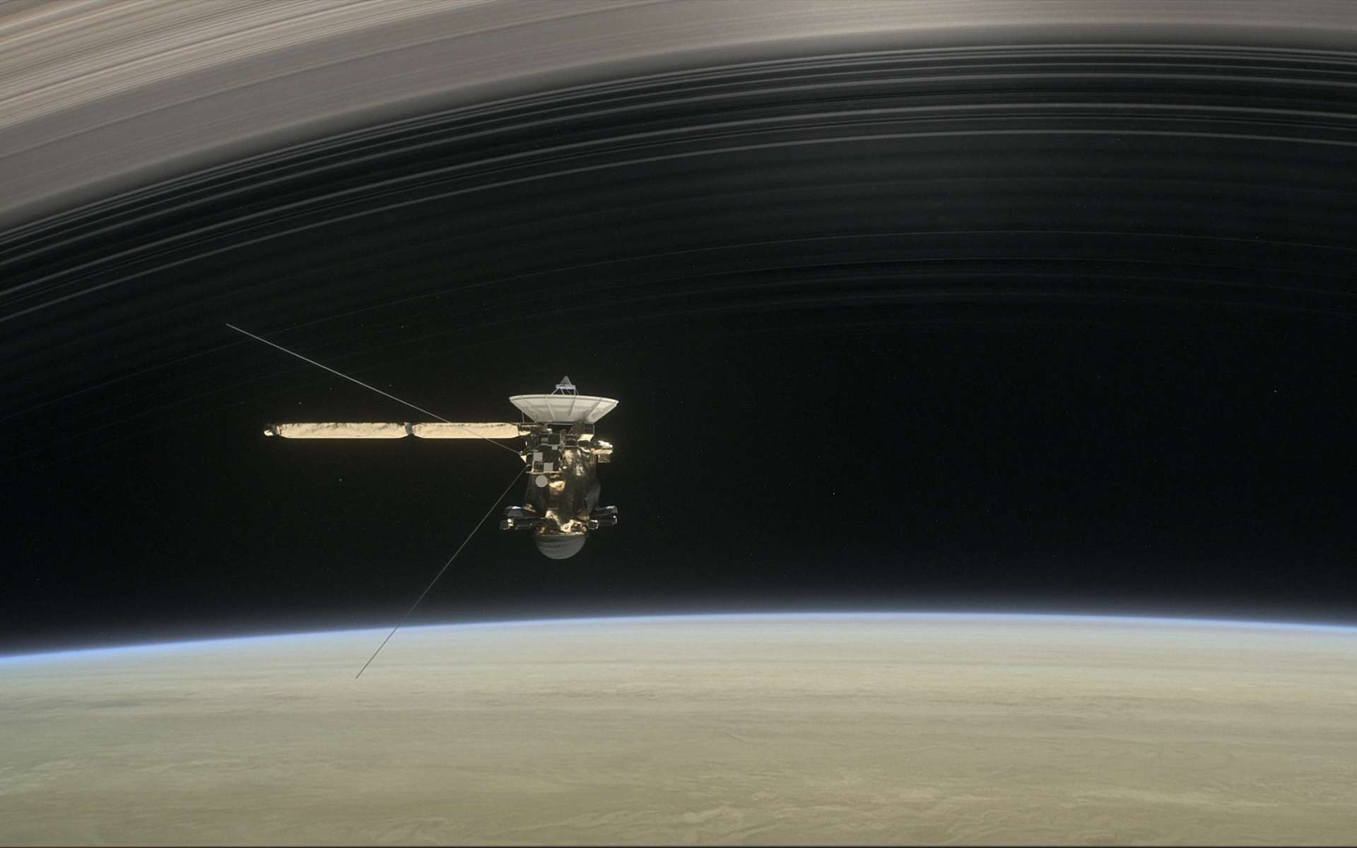 Illustration de la sonde Cassini passant entre Saturne et ses anneaux. © Nasa, JPL-Caltech
