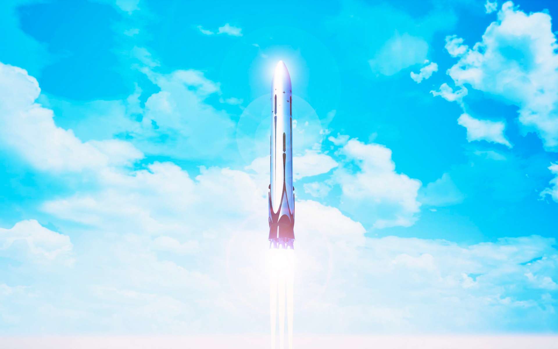 Vue d'artiste de Themis, démonstrateur d'étage réutilisable de lanceur spatial, en développement dans le cadre de la préparation des futures générations de lanceurs européens qui succéderont à l'actuelle famille Ariane 6. Ce démonstrateur sera propulsé par le moteur Prometheus. © ArianeGroup