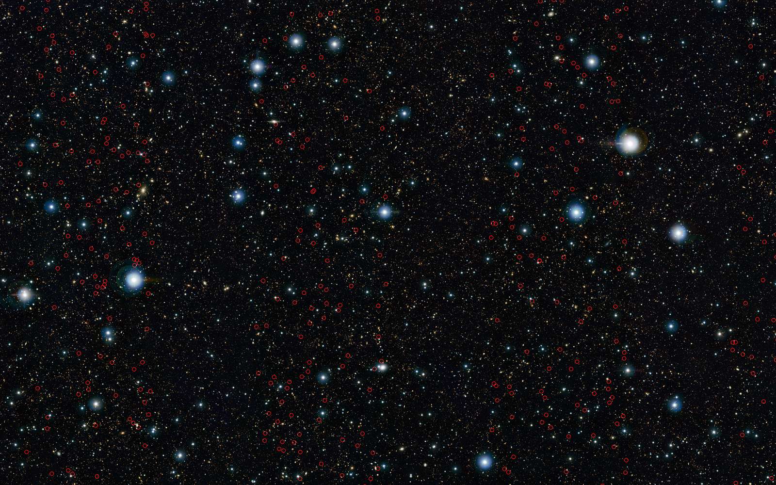 Vista a scruté un ensemble de galaxies massives longtemps demeurées inconnues bien qu’elles soient contemporaines de l’univers jeune. Sur cette image couvrant le champ d’observation d’UltraVista, chaque petit cercle rouge indique les galaxies massives nouvellement découvertes. © Eso, UltraVista team, TERAPIX, CNRS, INSU, CASU