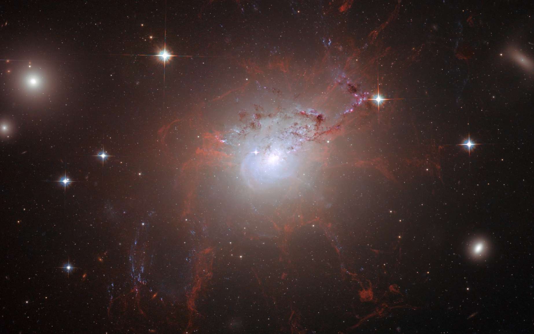 Les champs magnétiques intergalactiques sont une fenêtre sur l'avant-Big Bang. Ici, la galaxie NGC 1275, située à 237 millions d'années-lumière de la Voie lactée ; elle est la grande galaxie de l'amas de Persée. Elle possède des filaments de matière parfois longs de presque 20.000 années-lumière dont la stabilité semble assurée par un champ magnétique. © Nasa, ESA, Hubble Heritage (STScI/AURA) ; A. Fabian (IoA, Cambridge U.), L. Frattare (STScI), CXC, G. Taylor, NRAO, VLA