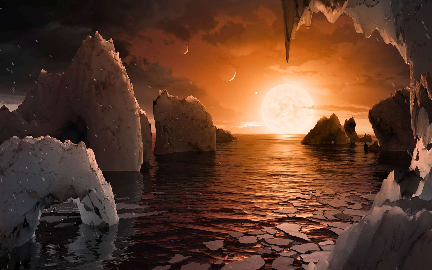Y a-t-il de l'eau sur les exoplanètes en orbite autour de l'étoile Trappist-1, une naine rouge extrêmement froide située à seulement 40 années-lumière de la Terre ? Hubble le suggère. Ici, une vue d’artiste de la surface de Trappist-1f, l’une des sept exoplanètes. © Nasa, JPL-Caltech, T. Pyle (Ipac)