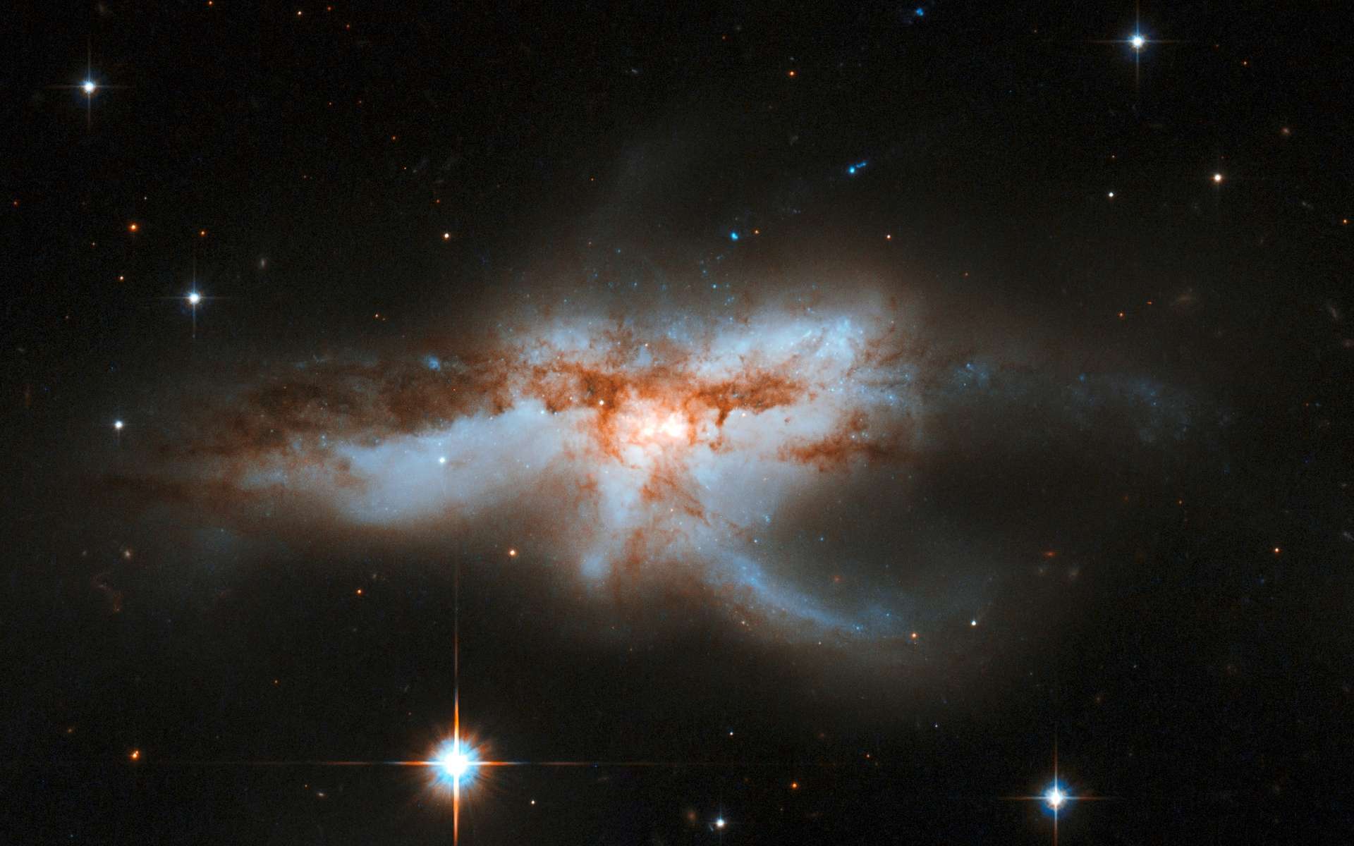 NGC 6240 est une galaxie irrégulière, en forme de papillon ou de homard, composée de deux plus petites galaxies. Le processus de fusion, qui a débuté il y a environ 30 millions d'années, a déclenché une formation spectaculaire d'étoiles et de nombreuses explosions de supernova. La fusion sera complète dans quelques dizaines à quelques centaines de millions d'années. © Nasa, ESA, the Hubble Heritage (STScI-Aura)-ESA-Hubble Collaboration, et A. Evans (University of Virginia, Charlottesville-NRAO-Stony Brook University)