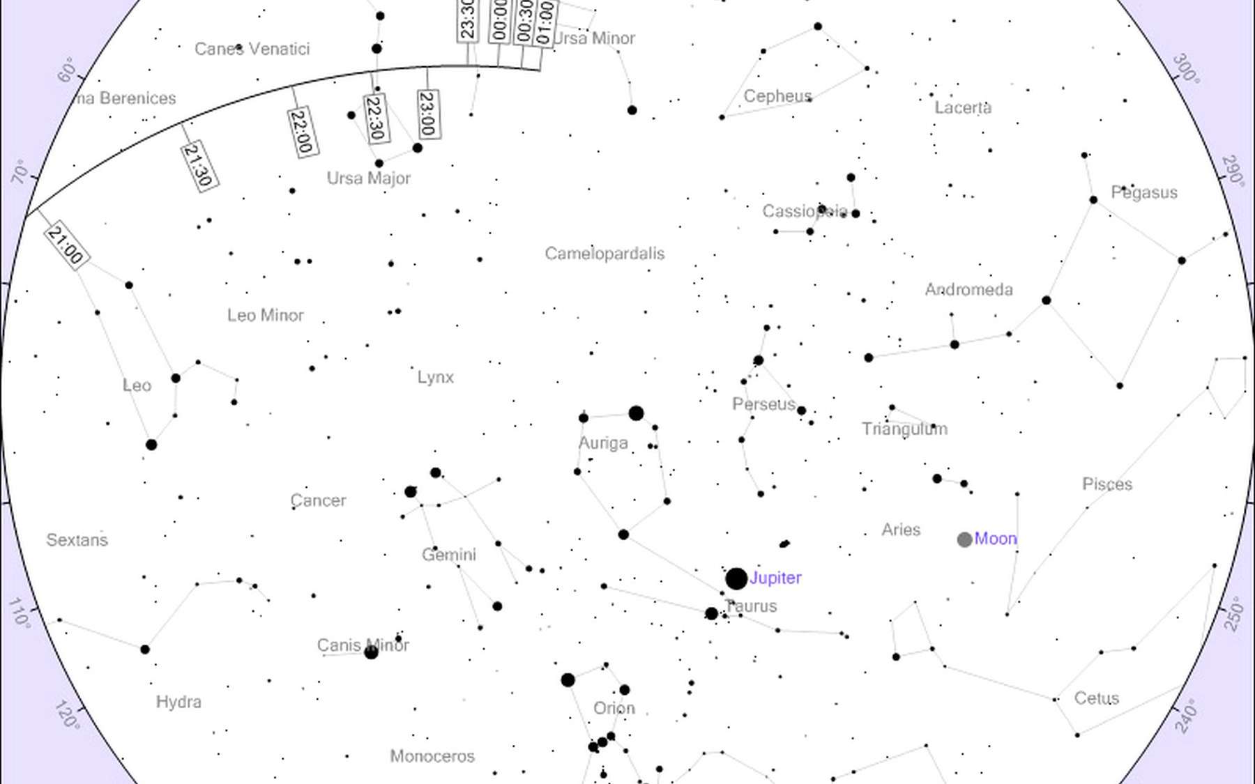 Carte générale du déplacement de l'astéroïde 2012 DA 14 dans le ciel français au cours de la soirée du 15 février. © Heavens Above