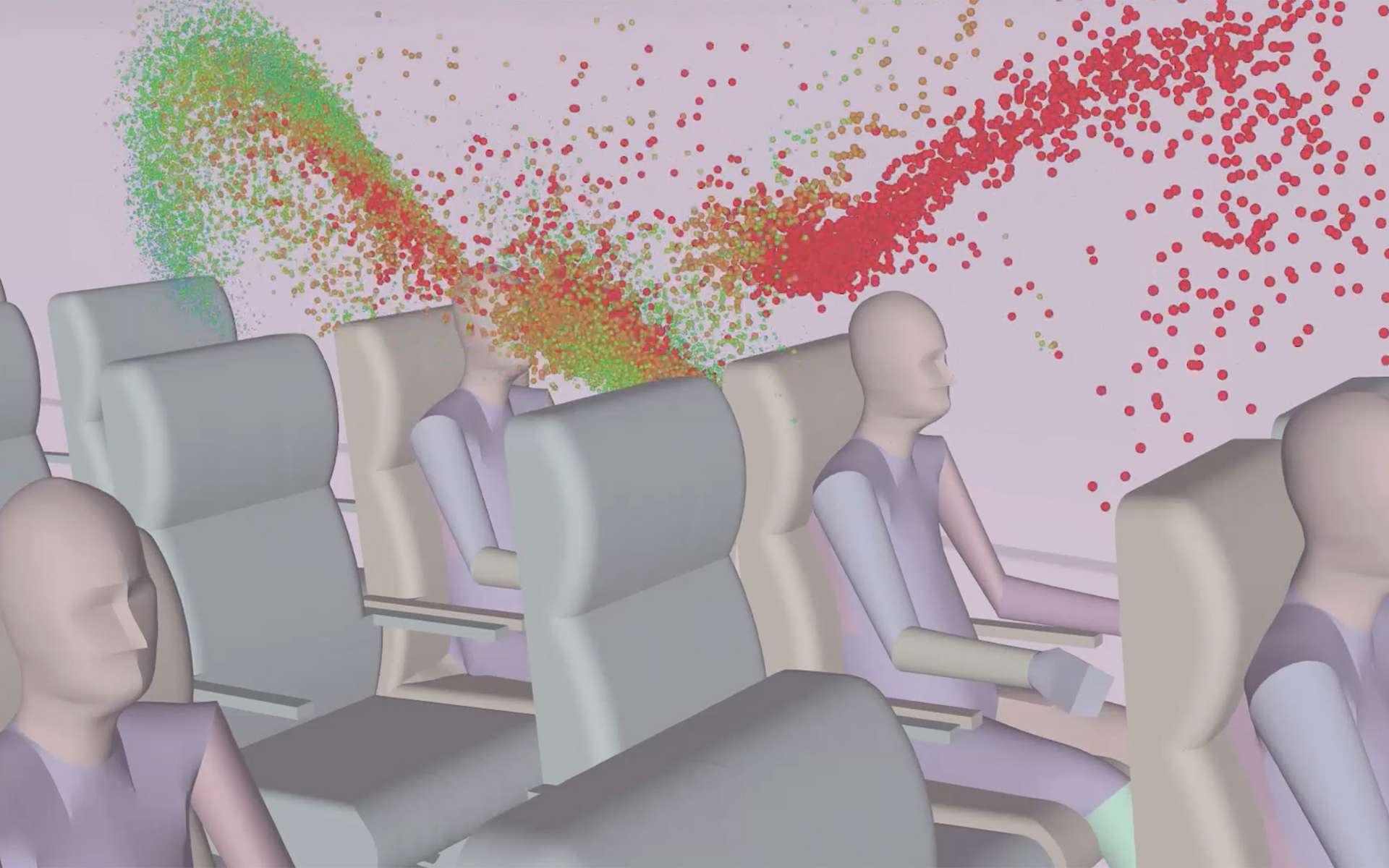 Simulation réalisée par Ansys qui montre comment le virus peut circuler à travers l’air de la cabine. © Ansys