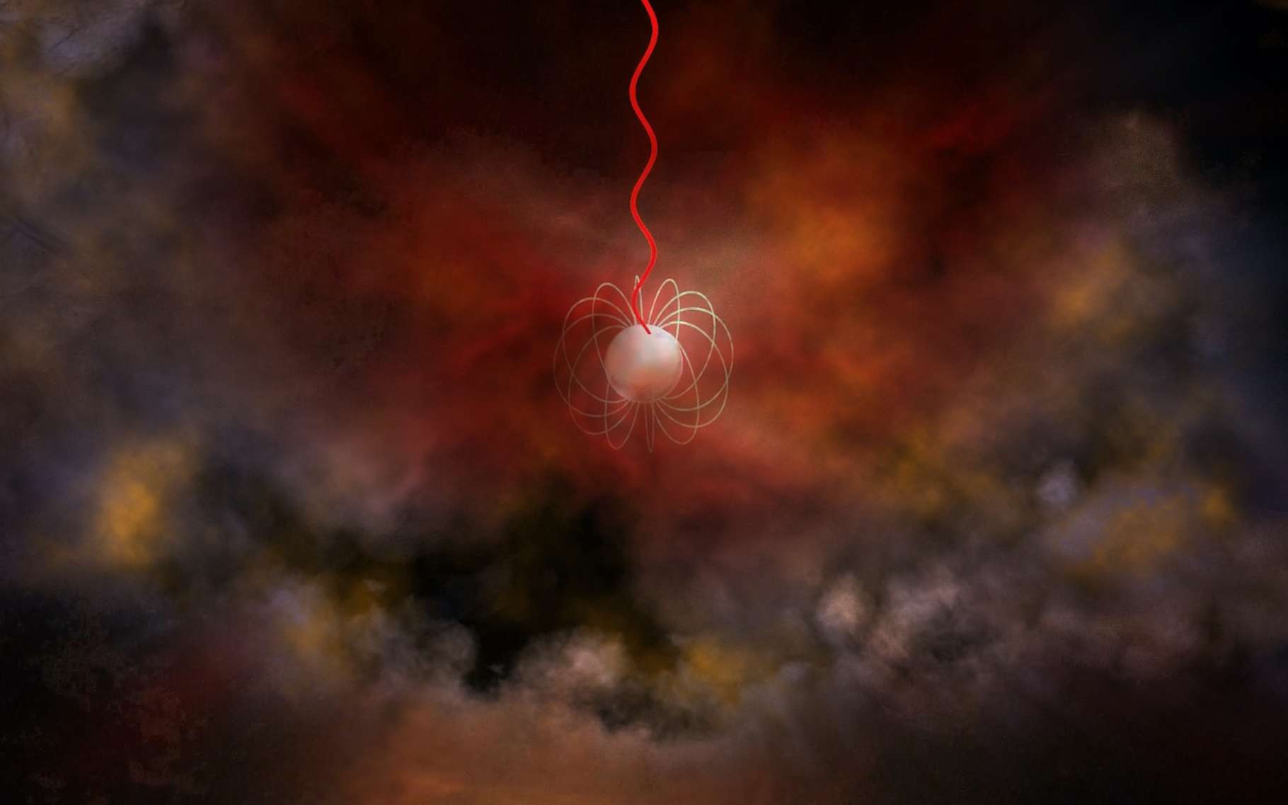 Les magnétars, ces étoiles à neutrons entourées d’un champ magnétique ultrapuissant — ici en vue d’artiste —, pourraient être à l’origine de ceux que l’on nomme les sursauts radio rapides. Mais une nouvelle observation remet l’idée en question. © Bill Saxton, NRAO, AUI, NSF