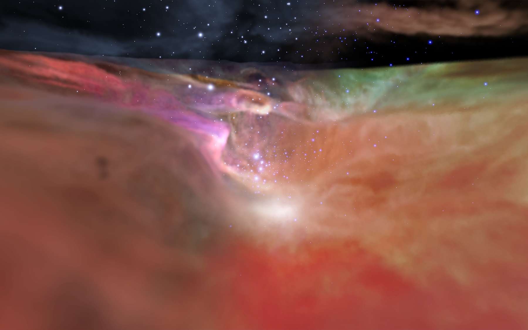 Image extraite de la vidéo de la Nasa qui nous invite à voler à travers la nébuleuse d’Orion. © Nasa, ESA, F. Summers, G. Bacon, Z. Levay, J. DePasquale, L. Frattare, M. Robberto (STScI), R. Hurt (Caltech, IPAC), A. Fujii, M. Kornmesser (ESA,Hubble)