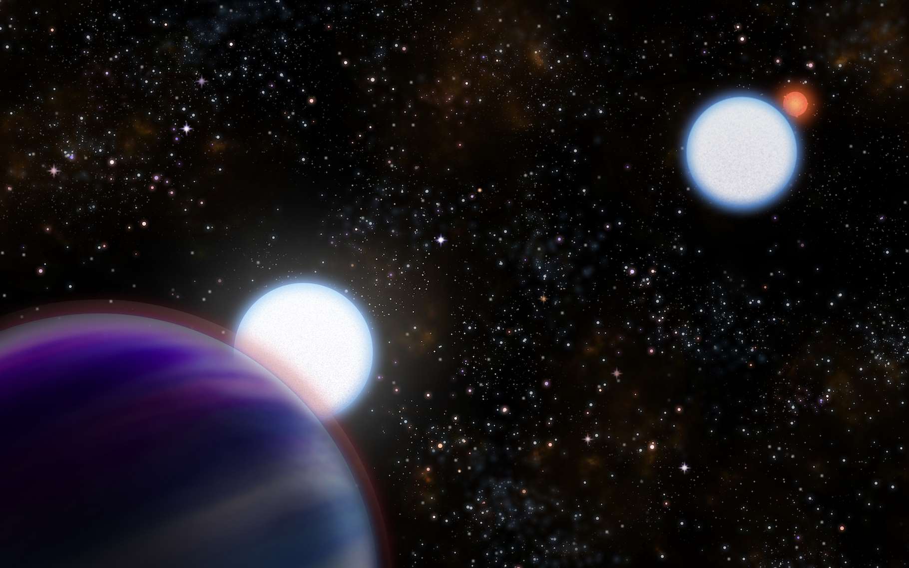 Une vue d’artiste du système Kepler-13 tel que révélé par des observations menée à l’observatoire Gemini North. Les deux étoiles (A et B) sont de grandes étoiles bleuâtres massives (centre) avec le « Jupiter chaud » en transit (Kepler-13b) devant l’étoile A au premier plan (coin gauche). La compagne naine rouge de l’étoile B à faible masse est visible en arrière-plan à droite. © Joy Pollard, Gemini Observatory, NSF, Aura