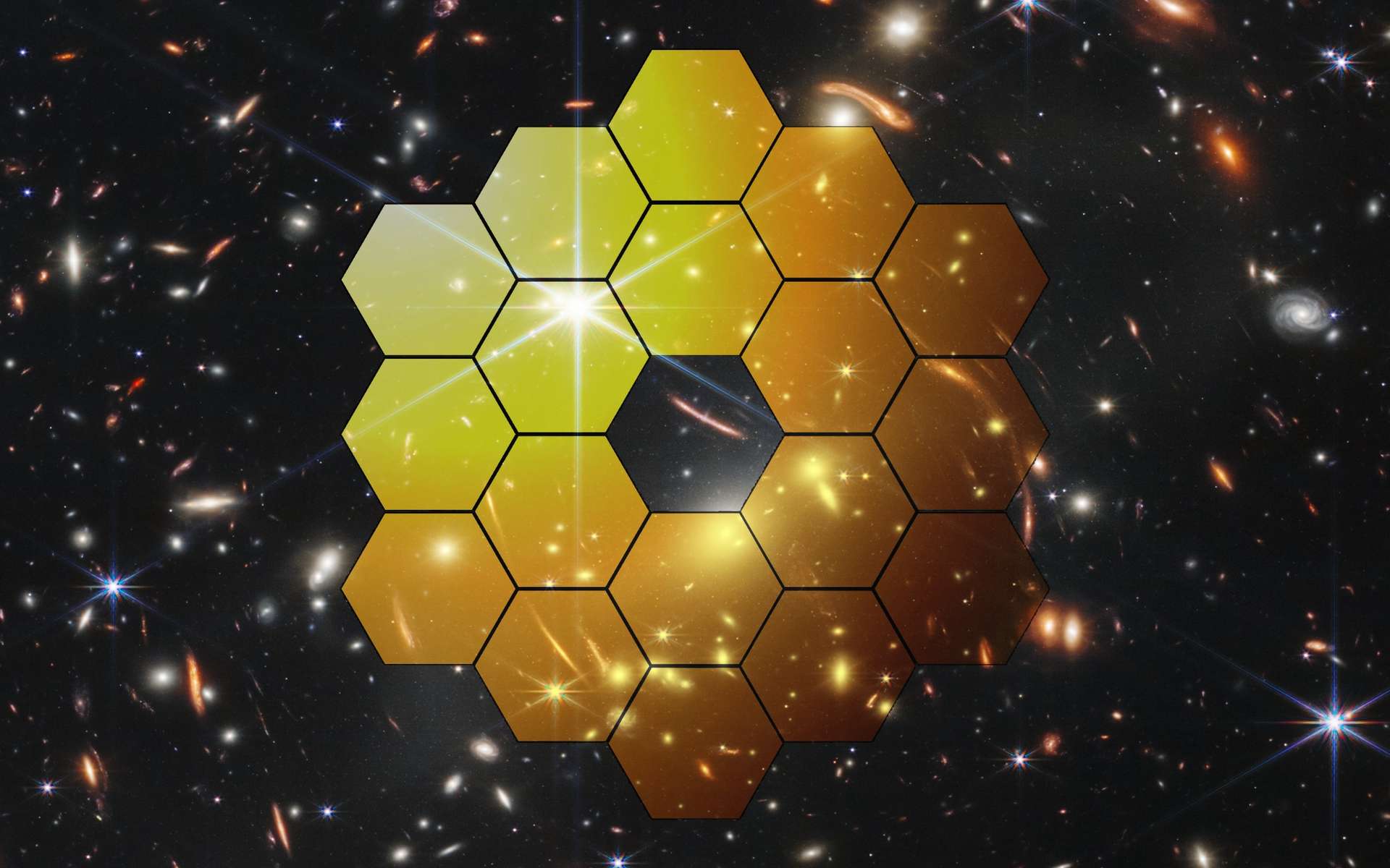 Image composite de la première image du télescope James-Webb sur laquelle est superposée une représentation de son miroir. © Nasa, Yuri Hoyda, Adobe Stock