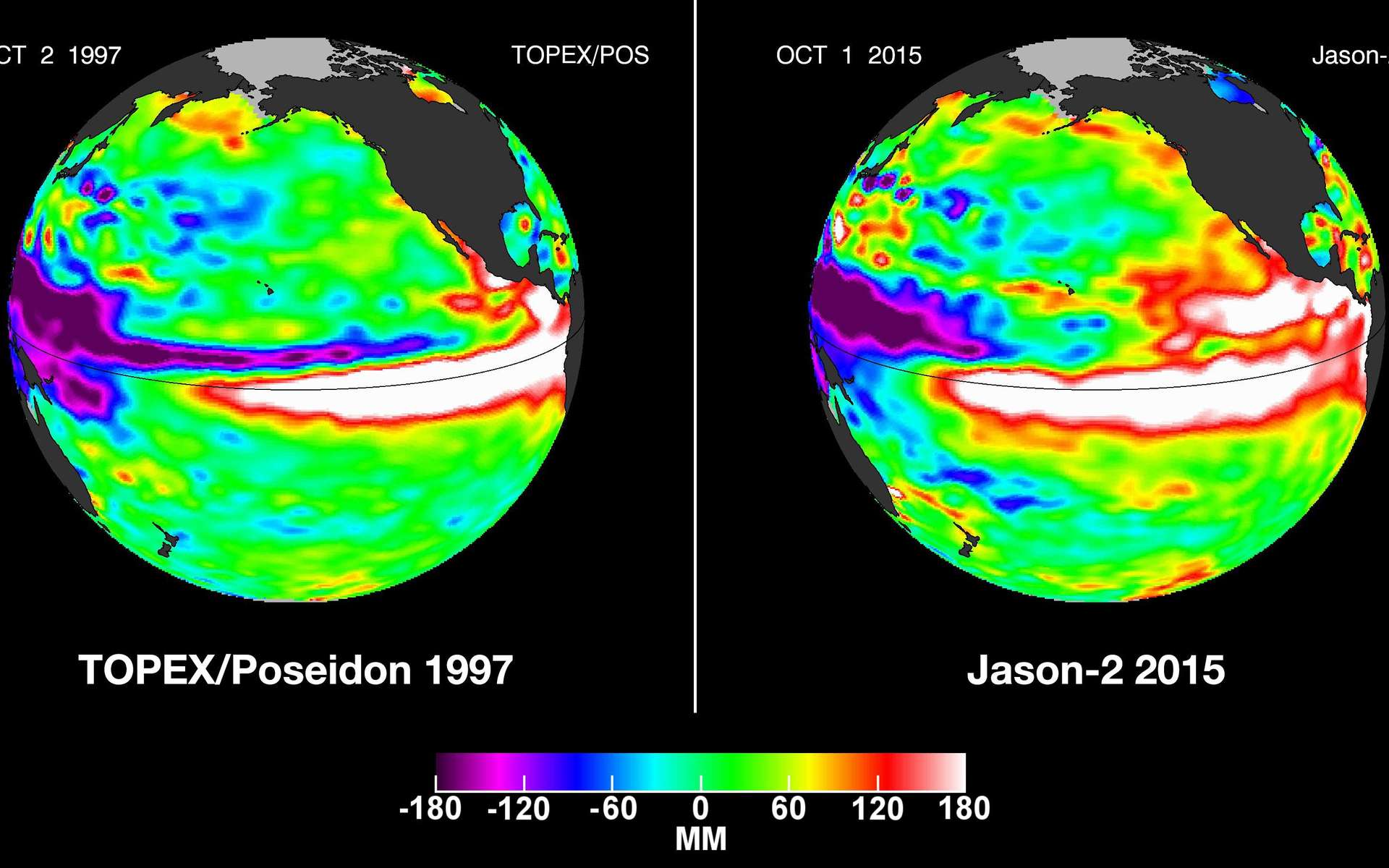 Comparaison du développement d’El Niño de 1997 avec celui de 2015. Comme on peut le voir sur l’animation (cliquez ici pour voir le gif animé), la masse d’eau réchauffée (rouge et blanc) au centre du Pacifique ne s’atténue pas depuis plusieurs mois, contrairement à l’épisode de 1997. Depuis 1992, les satellites Topex/Poséidon et Jason ont observé six El Niños. © Nasa, JPL-Caltech