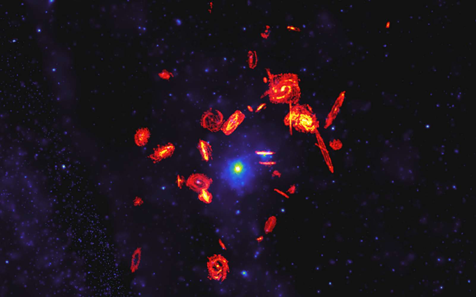 L'étude Vertico (Virgo Environment Traced in Carbon Monoxide Survey) a observé les réservoirs de gaz de 51 galaxies de l'amas de la Vierge et a découvert que l'environnement extrême de cet amas tuait les galaxies en les privant de leur hydrogène gazeux moléculaire servant à la formation d'étoiles. On voit ici une image composite, provenant de données du radiotélescope Alma, sur laquelle les disques de gaz moléculaire des galaxies Vertico sont augmentés par une résolution de 20. Elles sont superposées à l'image en rayons X de plasma surchauffé de l'amas de la Vierge. © Alma (ESO/NAOJ/NRAO)/S. Dagnello (NRAO)/Böhringer et al. (ROSAT All-Sky Survey)
