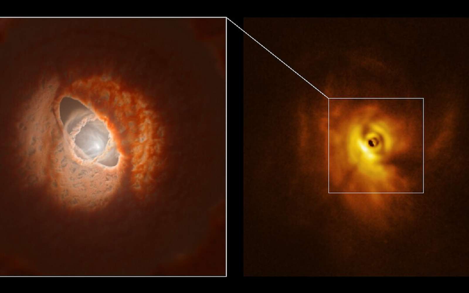 L'anneau intérieur de GW Orionis : modélisation (à gauche) et observation (à droite) © ESO, L. Calçada, Exeter, Kraus et al.