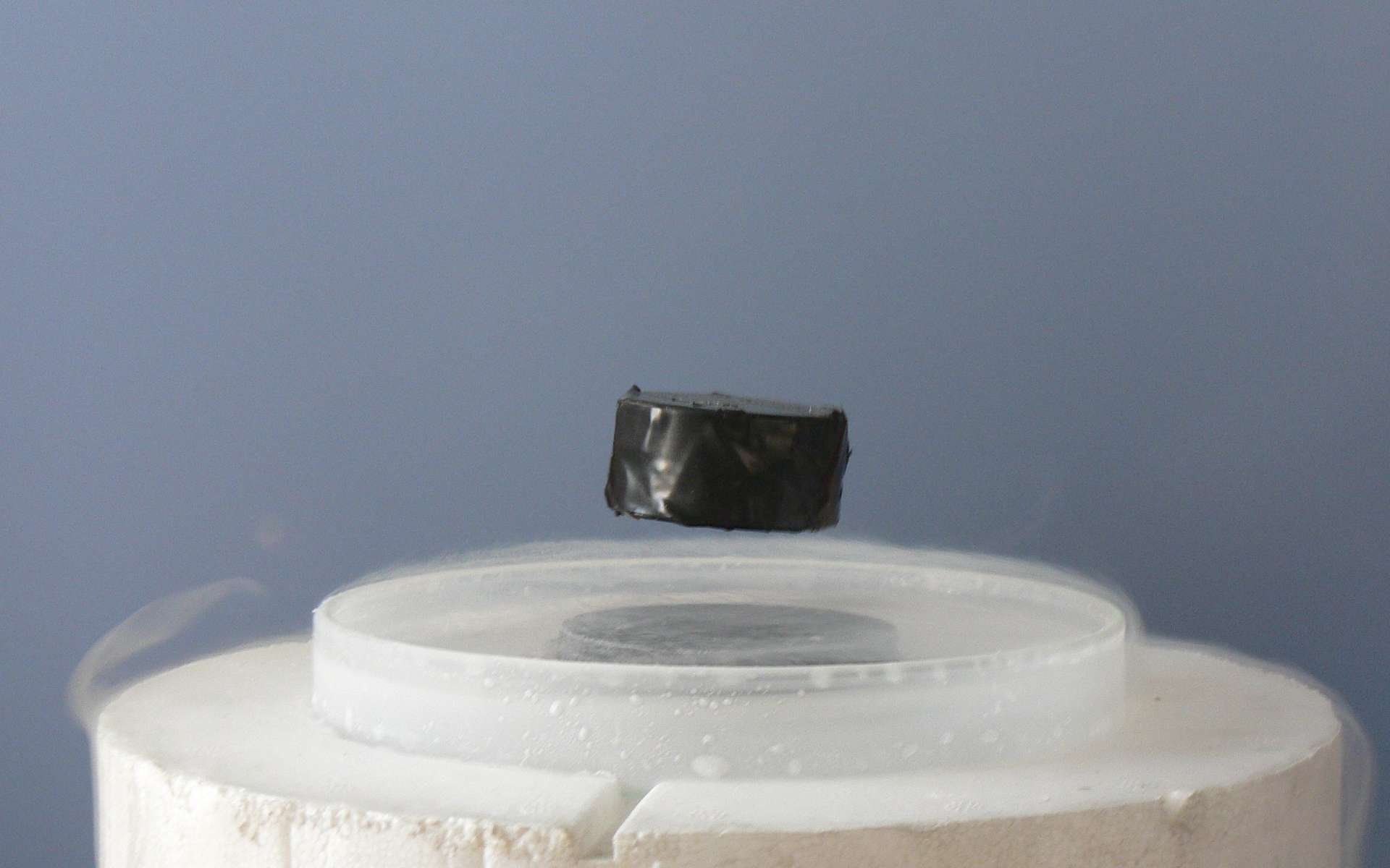 Le bore pourrait se transformer en métal supraconducteur quand il est sous forme de feuillets. Ici, un aimant flotte au-dessus d'un cuprate en phase supraconductrice baignant dans de l'azote liquide. © Mai-Linh Doan, Wikimedia Commons, CC by-sa 3.0