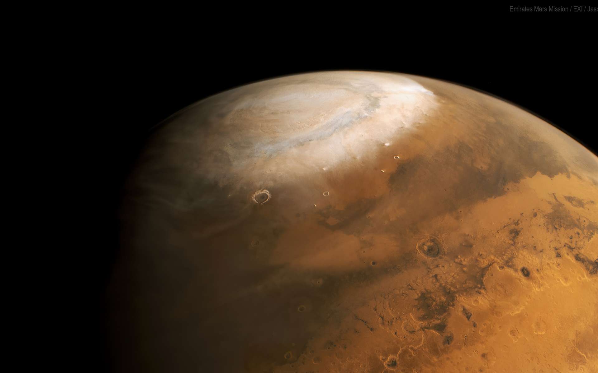 Pôle nord de Mars photographié par la sonde Hope. © UAESA, MBRSC, HopeMarsMission, EXI, Jason Major, Attribution 2.0 Generic (CC BY 2.0)