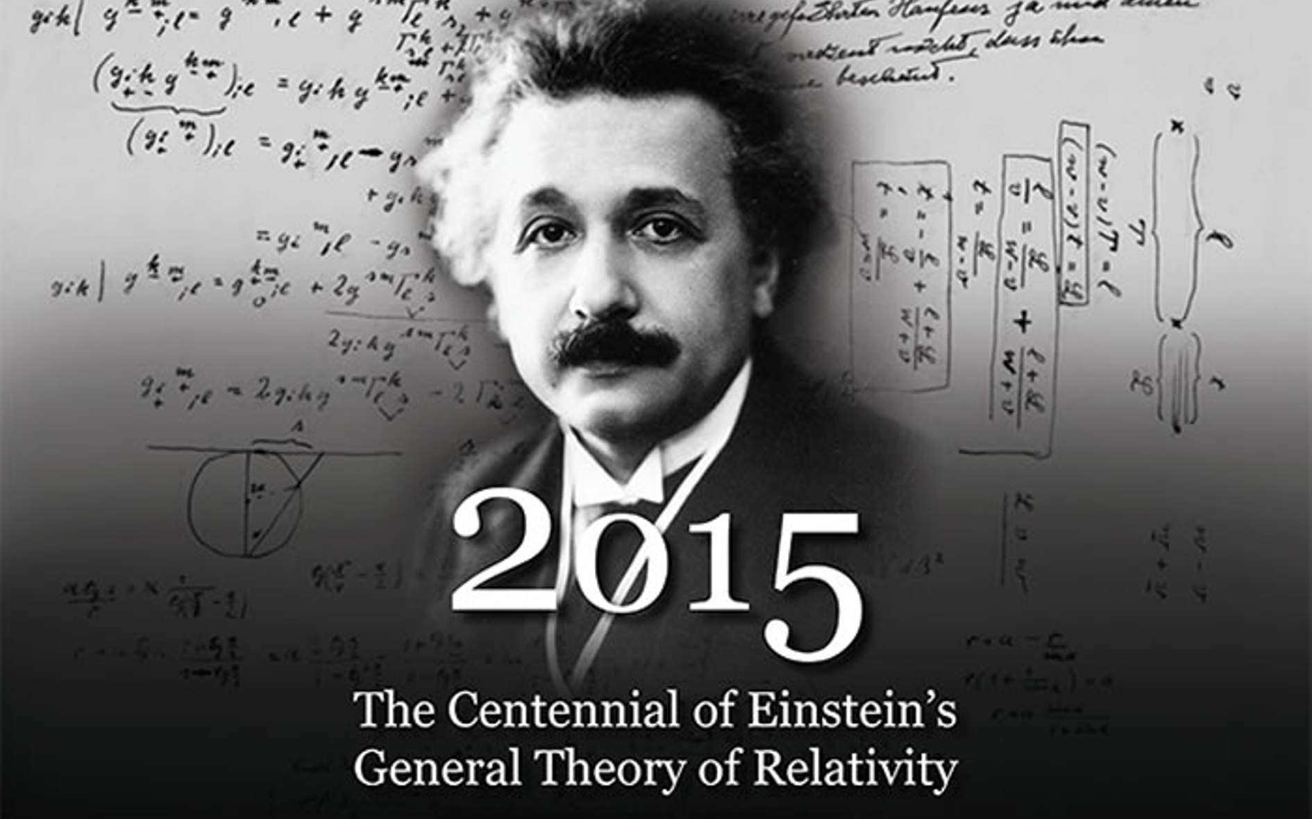 Un montage pour le centenaire de la théorie de la relativité générale d'Einstein. En arrière-plan des extraites des travaux manuscrits d'Einstein. © American Institute of Physics