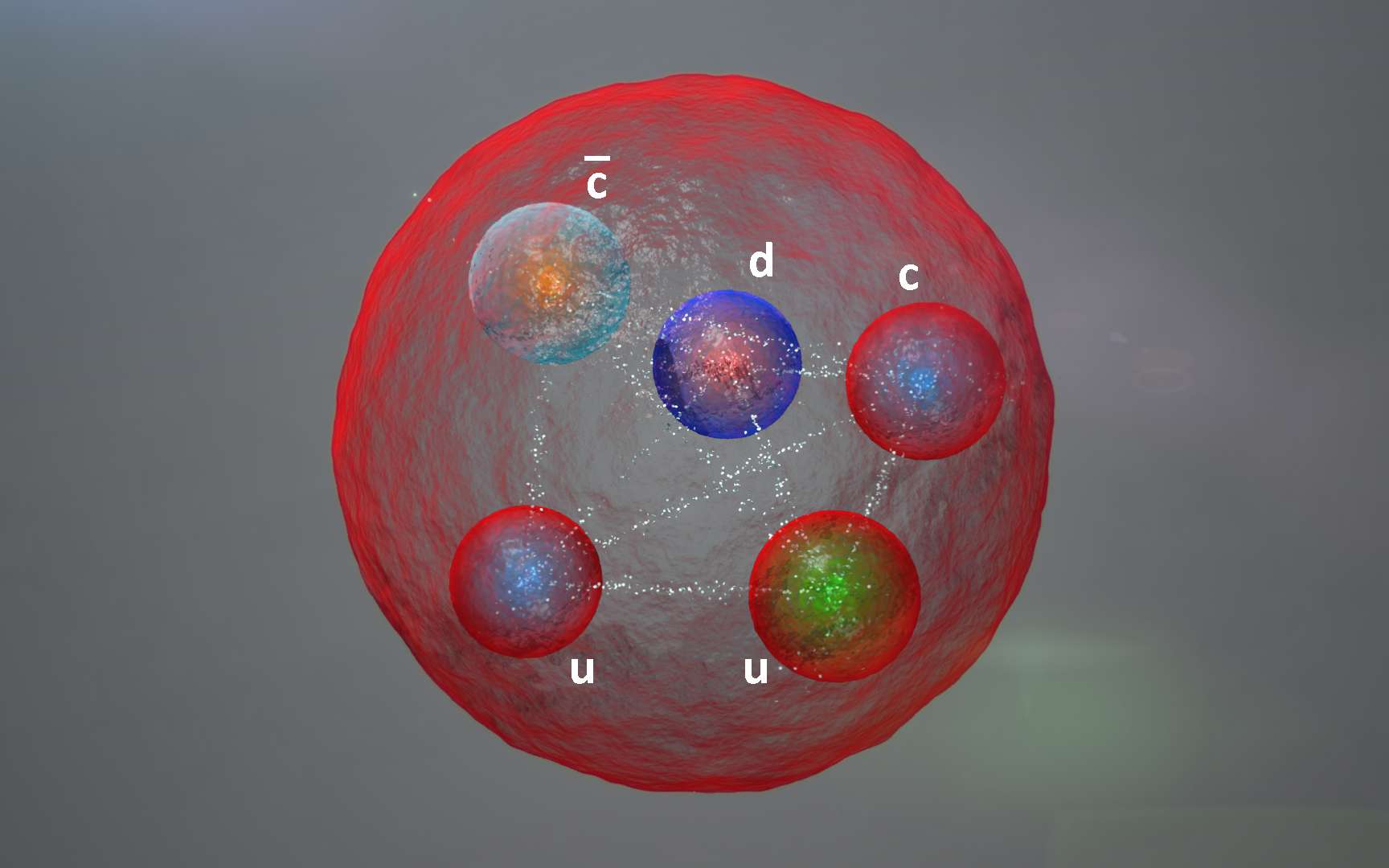 La nouvelle particule découverte avec le détecteur de la collaboration LHCb est un état lié formé de quatre quarks et d'un antiquark, un pentaquark. Une des hypothèses initiales concernant sa structure est représentée sur ce dessin d'artiste. © Daniel Dominguez, Cern