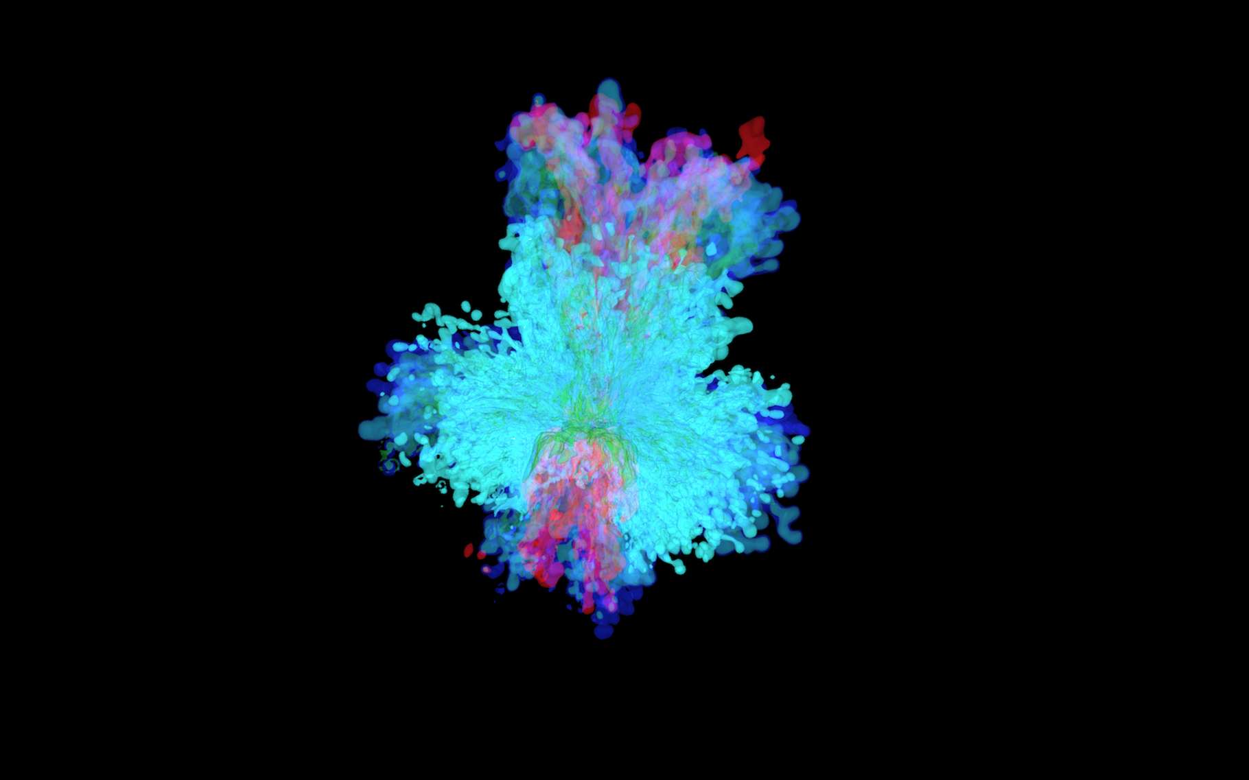 Sur cette image, la simulation des chercheurs de l’université Riken (Japon) qui correspond le mieux aux observations de la supernova SN 1987 A. Elle montre la distribution de la matière éjectée par l’explosion : en rouge, le nickel, en vert, le silicium, en bleu foncé, l’oxygène et en bleu clair, l’hélium. © 2020 Riken Astrophysical Big Bang Laboratory
