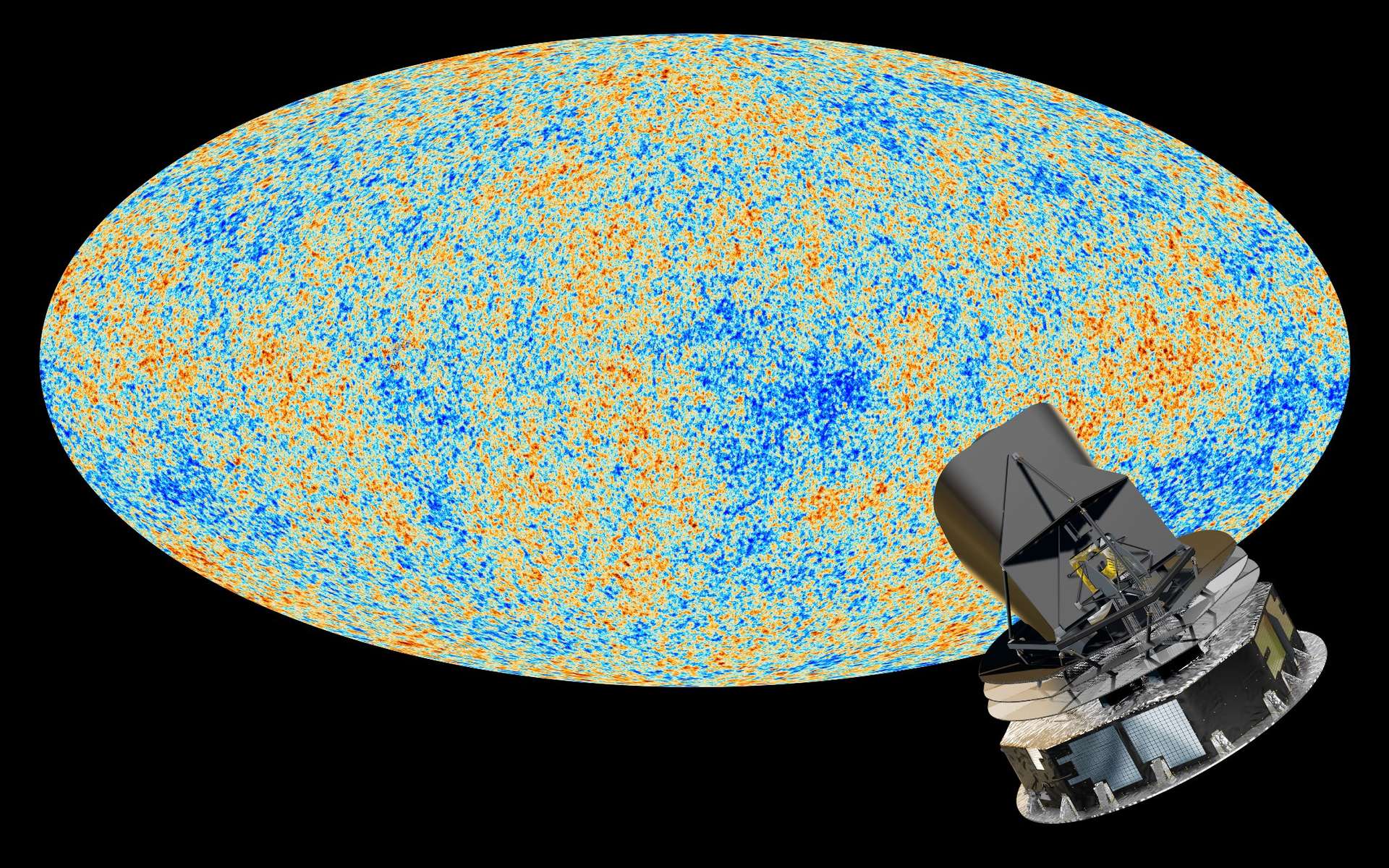 Une carte des fluctuations de température du rayonnement fossile en fausses couleurs dressée avec les données du satellite Planck dont on voit une représentation d'artiste en bas à droite. © ESA