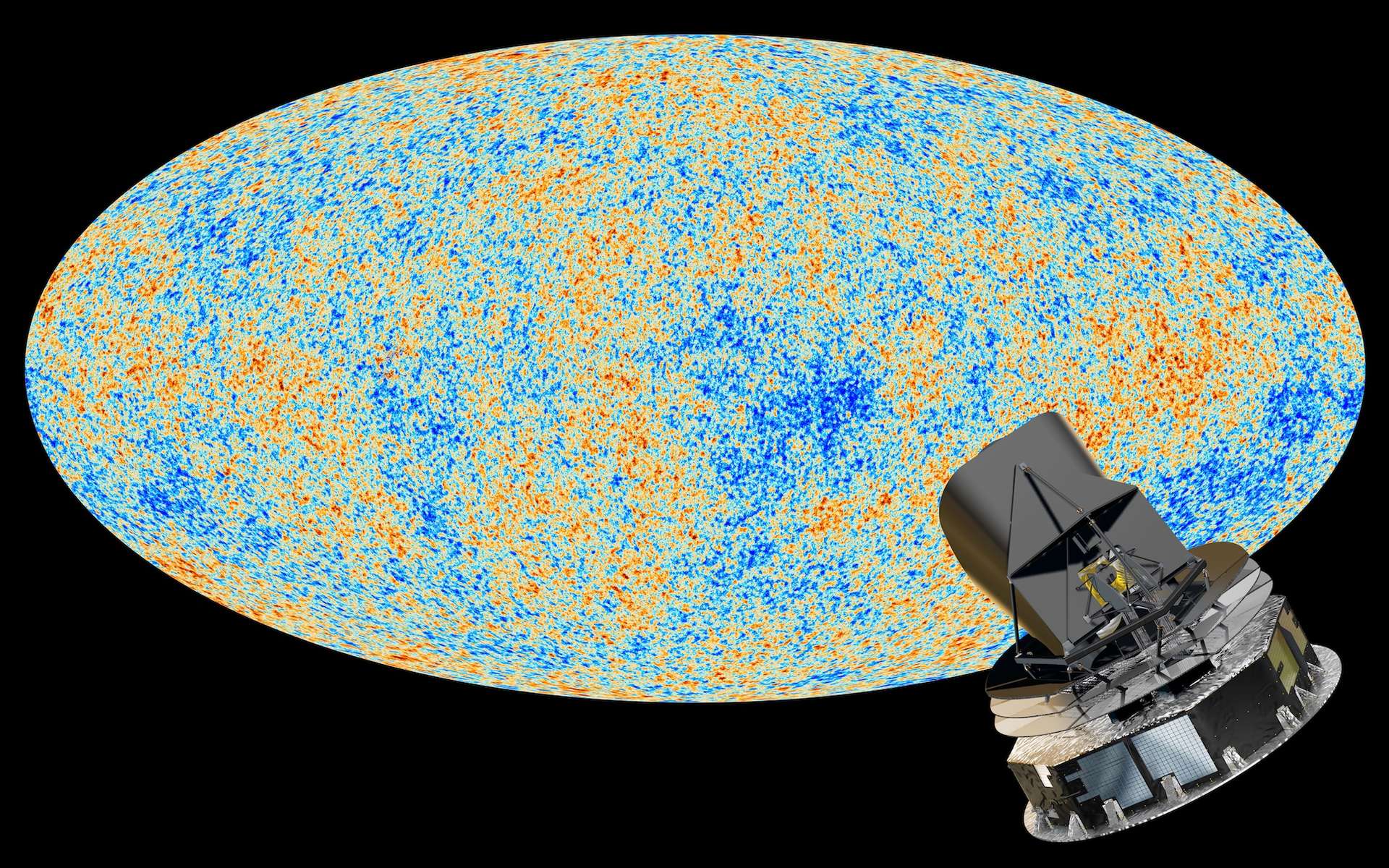 Le satellite Planck, mission à laquelle a participé Hervé Dole, devant le fond diffus cosmologique, émis 370.000 ans environ après le Big Bang. © Nasa, ESA
