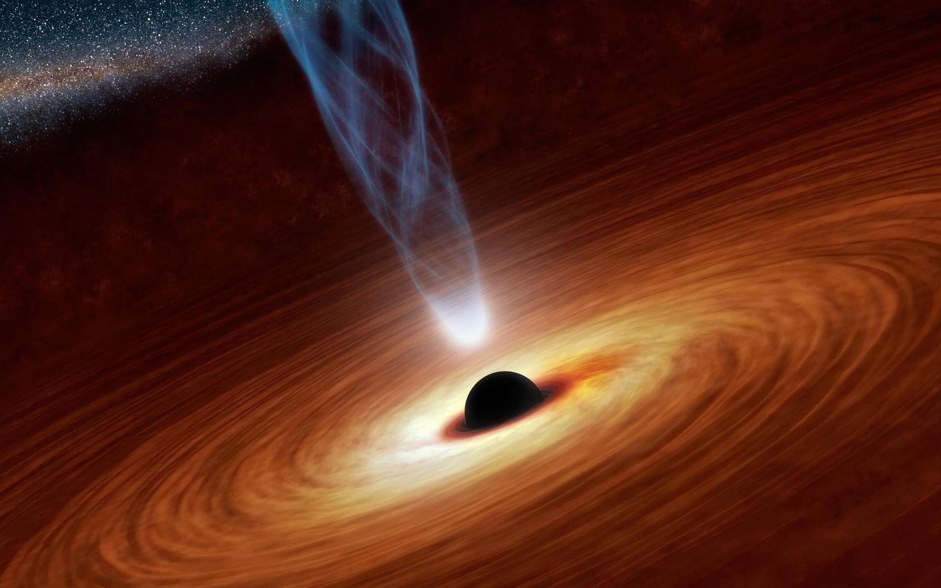Une vue d'artiste d'un disque d'accrétion entourant un trou noir et dont la matière alimente un jet de particules. Dans certain cas, le jet est froid et contient des molécules. © Nasa