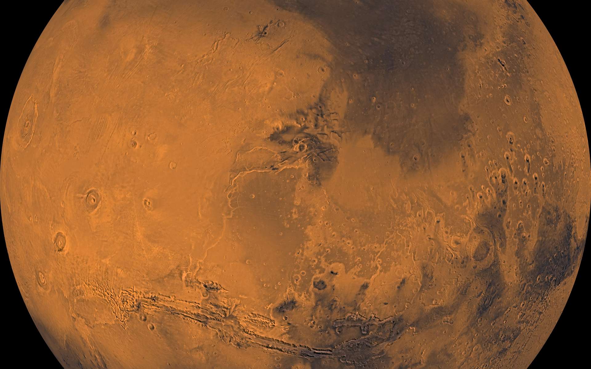 Près de 1.000 images capturées par l'orbiteur Viking ont été combinées pour produire cette vue de Mars, à une résolution de 1 km/pixel (© Nasa/JPL-Caltech/USGS)