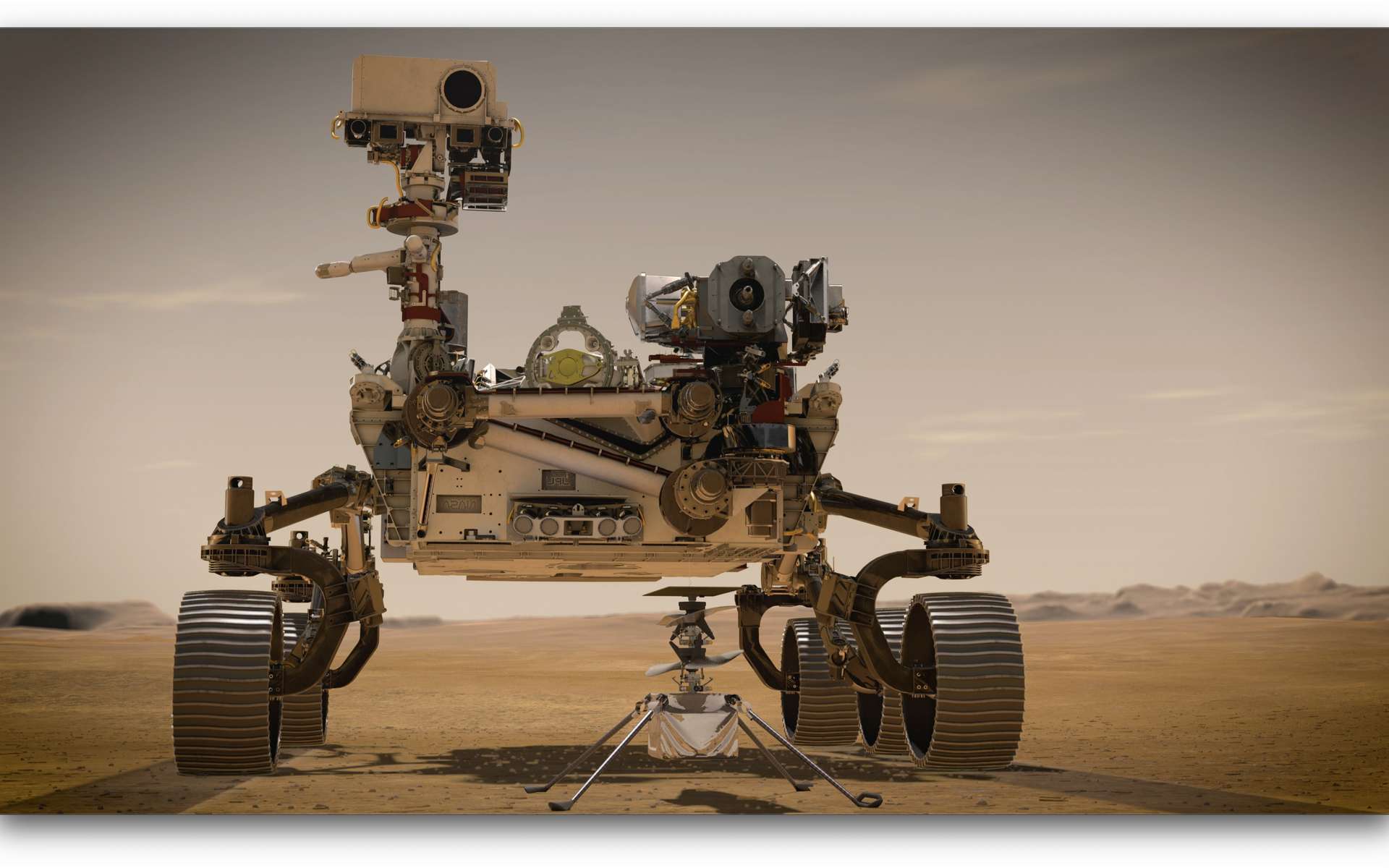 Illustration du rover Perseverance et de l'hélicoptère Ingenuity sur Mars. © Nasa
