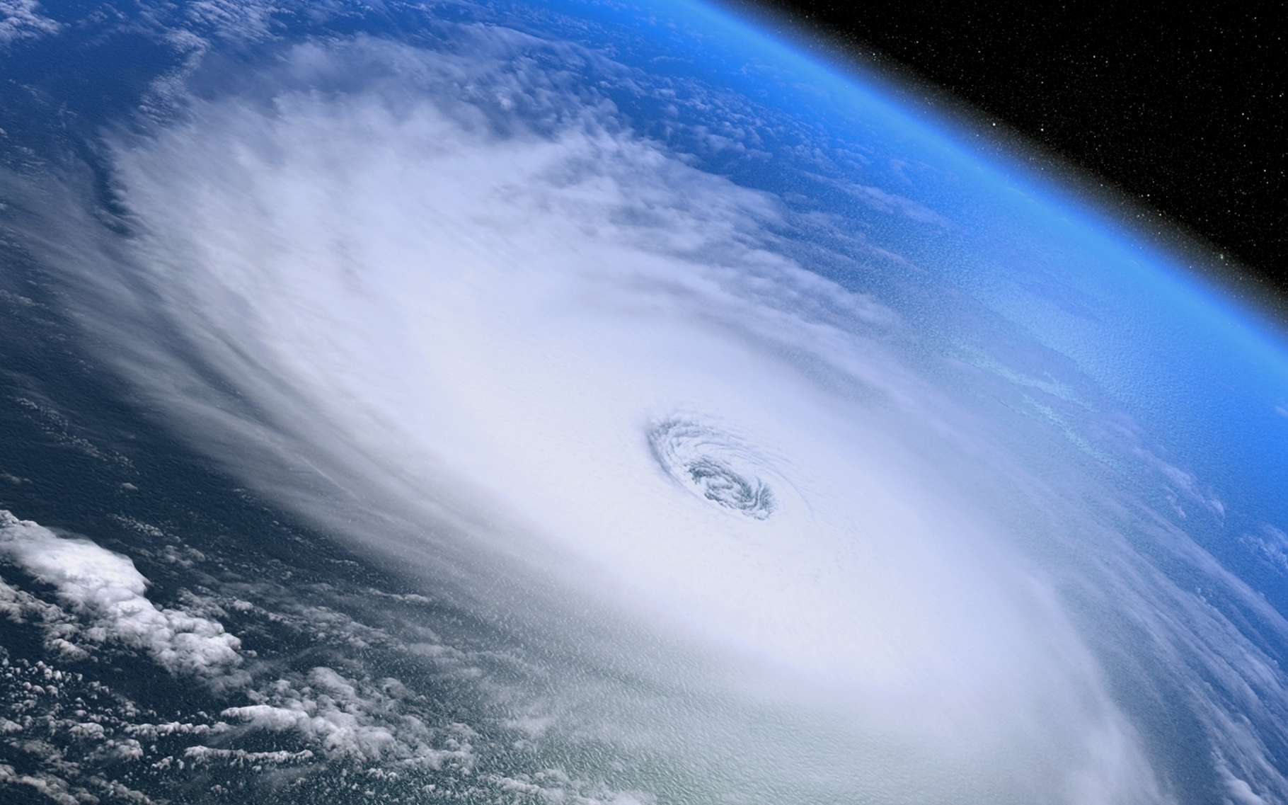 Un cyclone tropical vu de l'espace. Cette masse d'air tournante engendre des vents très puissants et représente une énergie colossale. Pourquoi ne pas tenter d'en extraire une minuscule partie ? © 3dmotus, Shutterstock